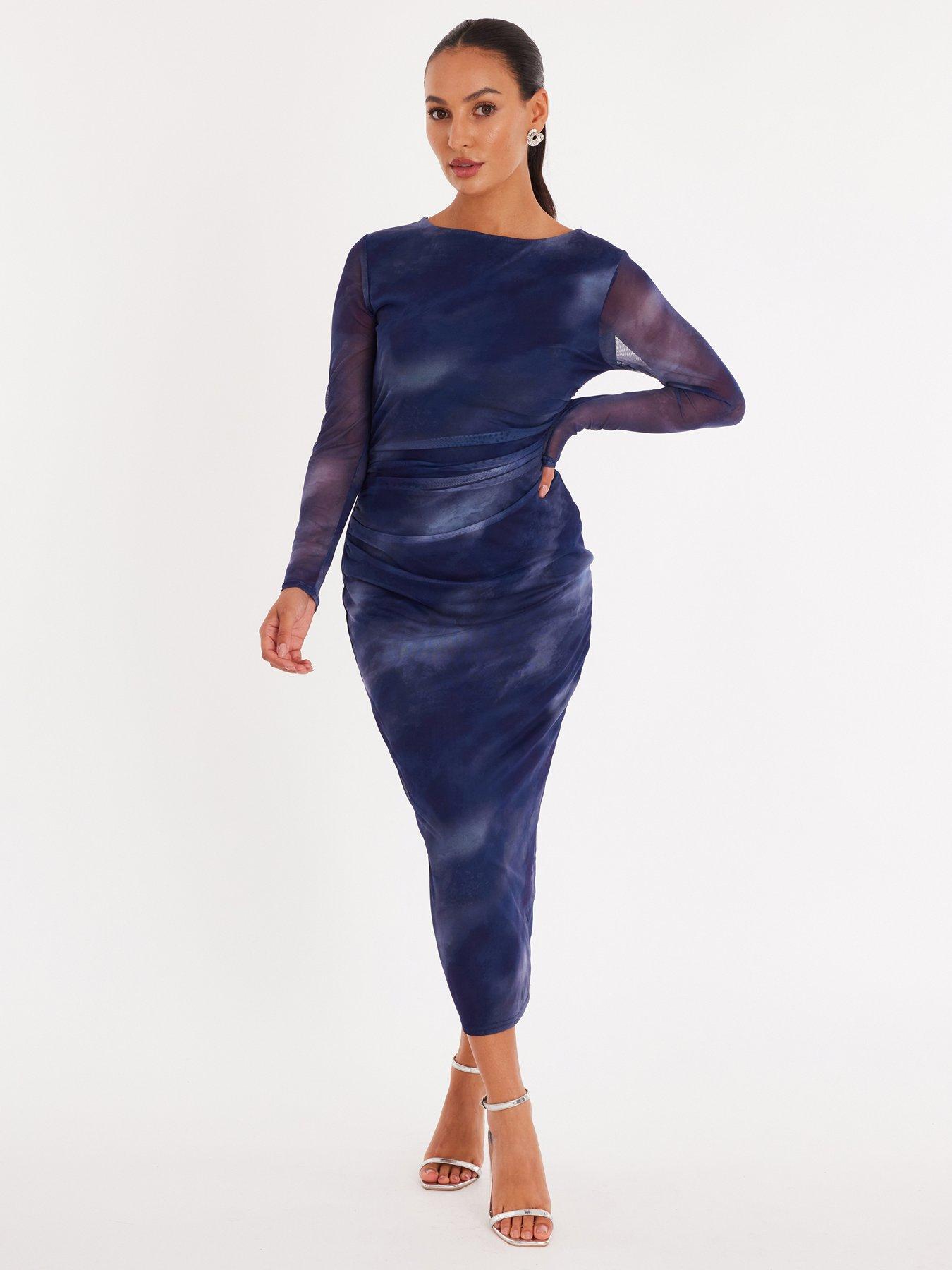 Quiz Petite Blue Printed Long Sleeve Midaxi Dress