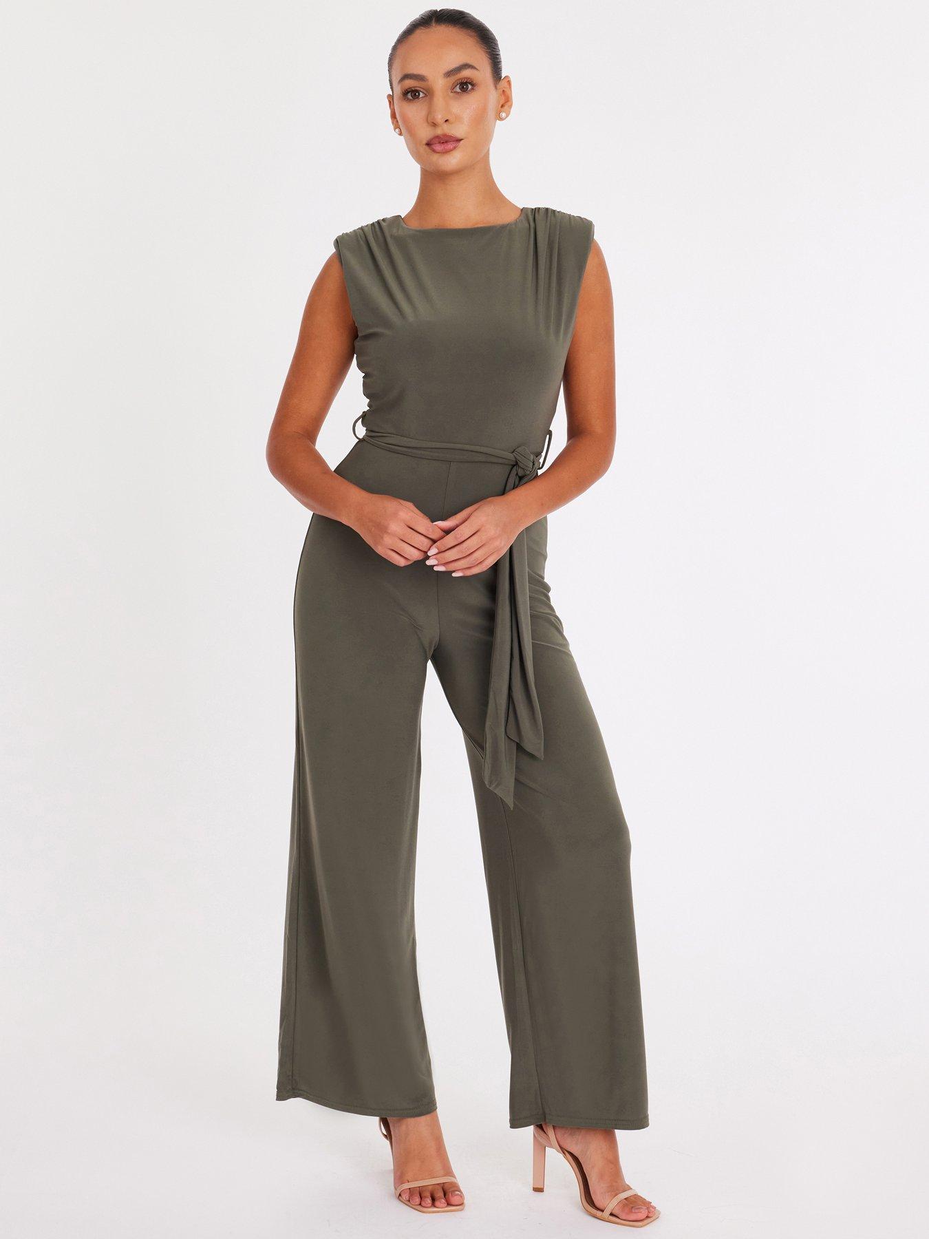 Image 1 of 6 of Quiz Petite Khaki Tie Waist Jumpsuit