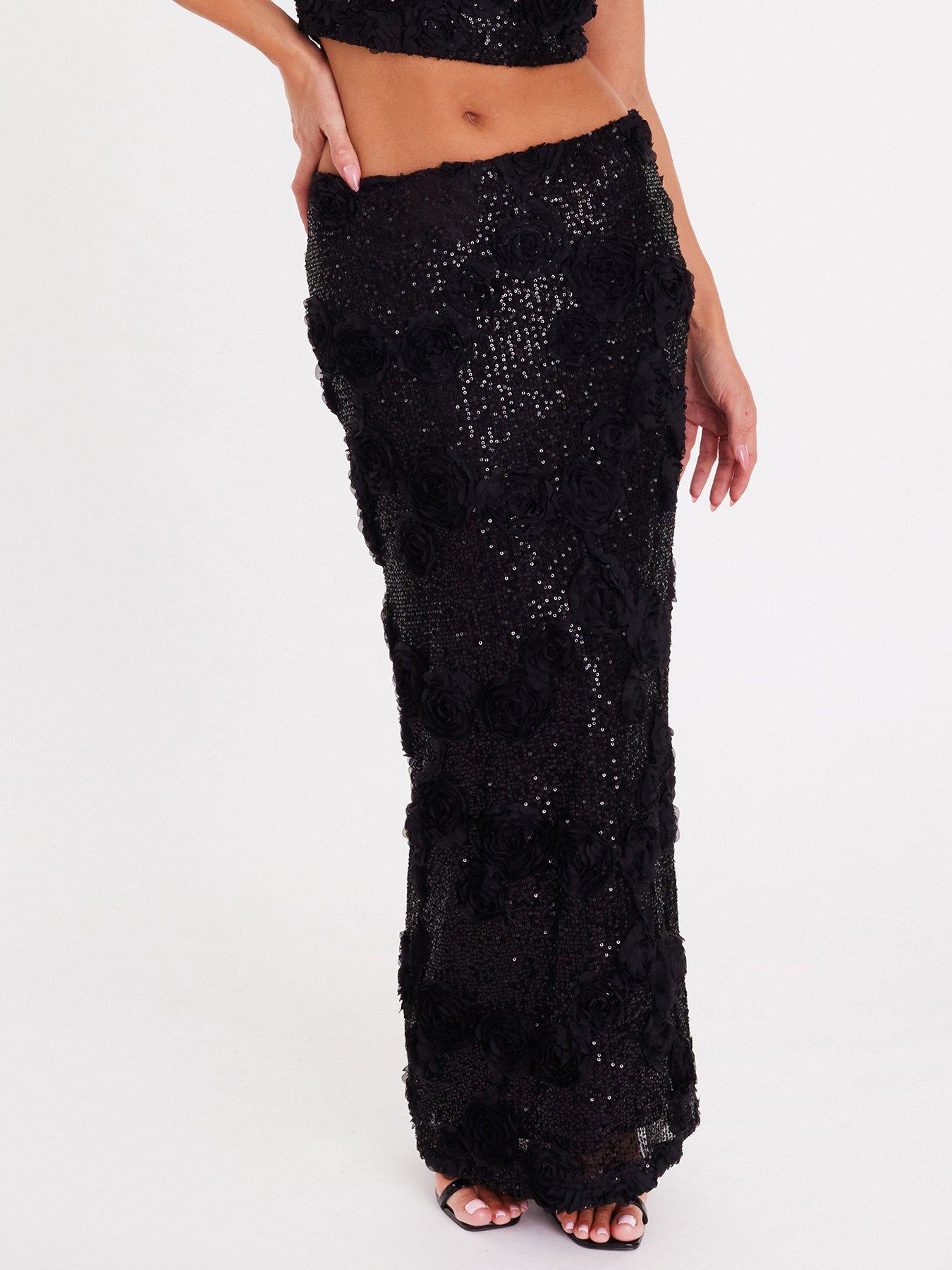 Image 1 of 6 of Quiz Black Sequin Floral Midaxi Skirt