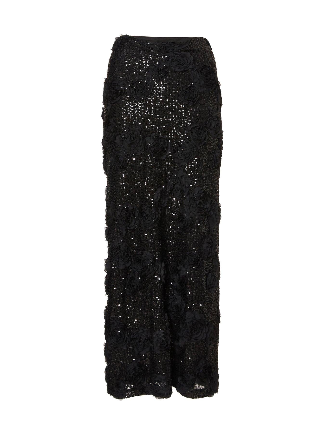 Image 4 of 6 of Quiz Black Sequin Floral Midaxi Skirt