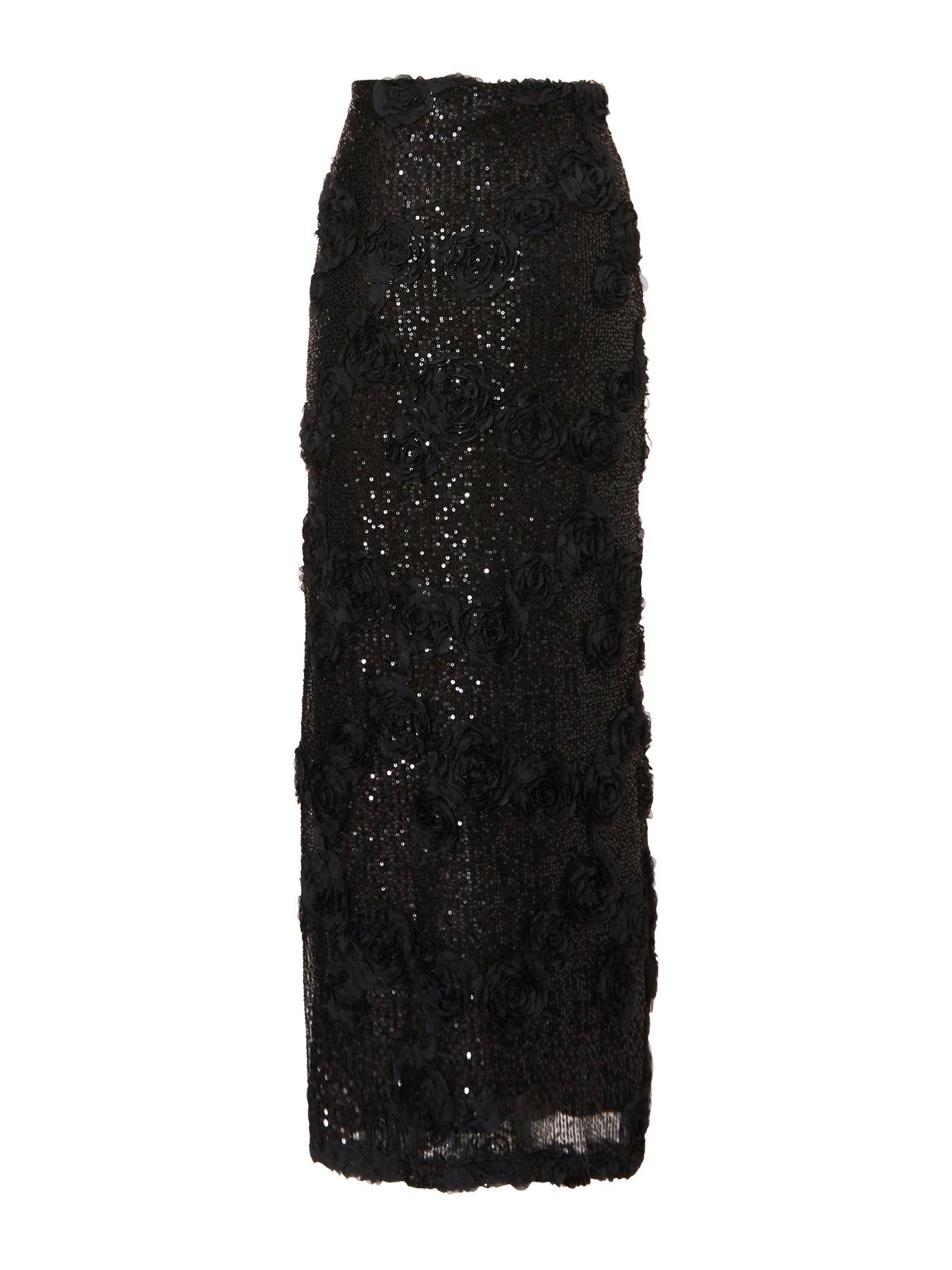 Image 5 of 6 of Quiz Black Sequin Floral Midaxi Skirt