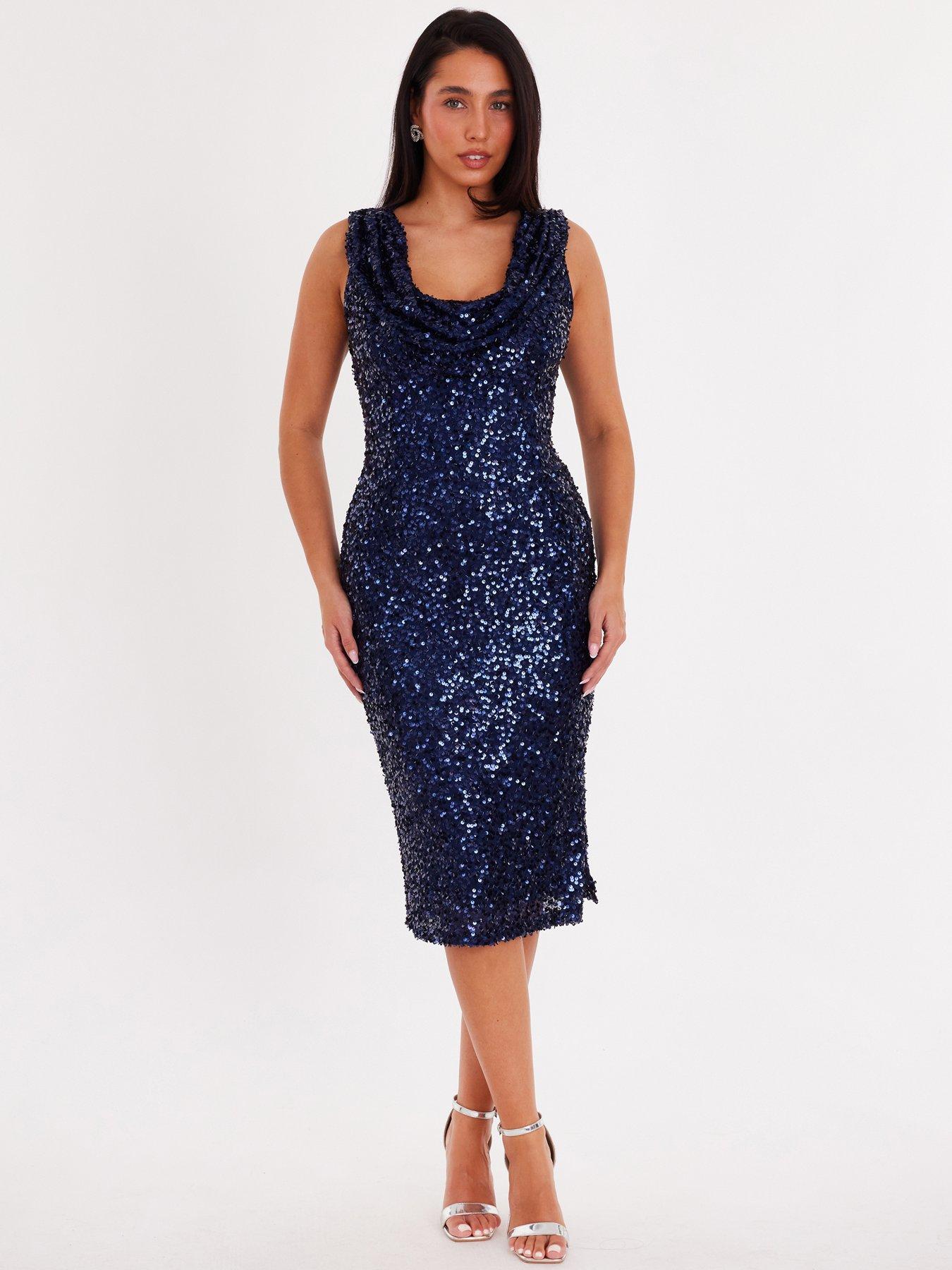Image 1 of 6 of Quiz Navy Sequin Cowl Neck Midi Dress