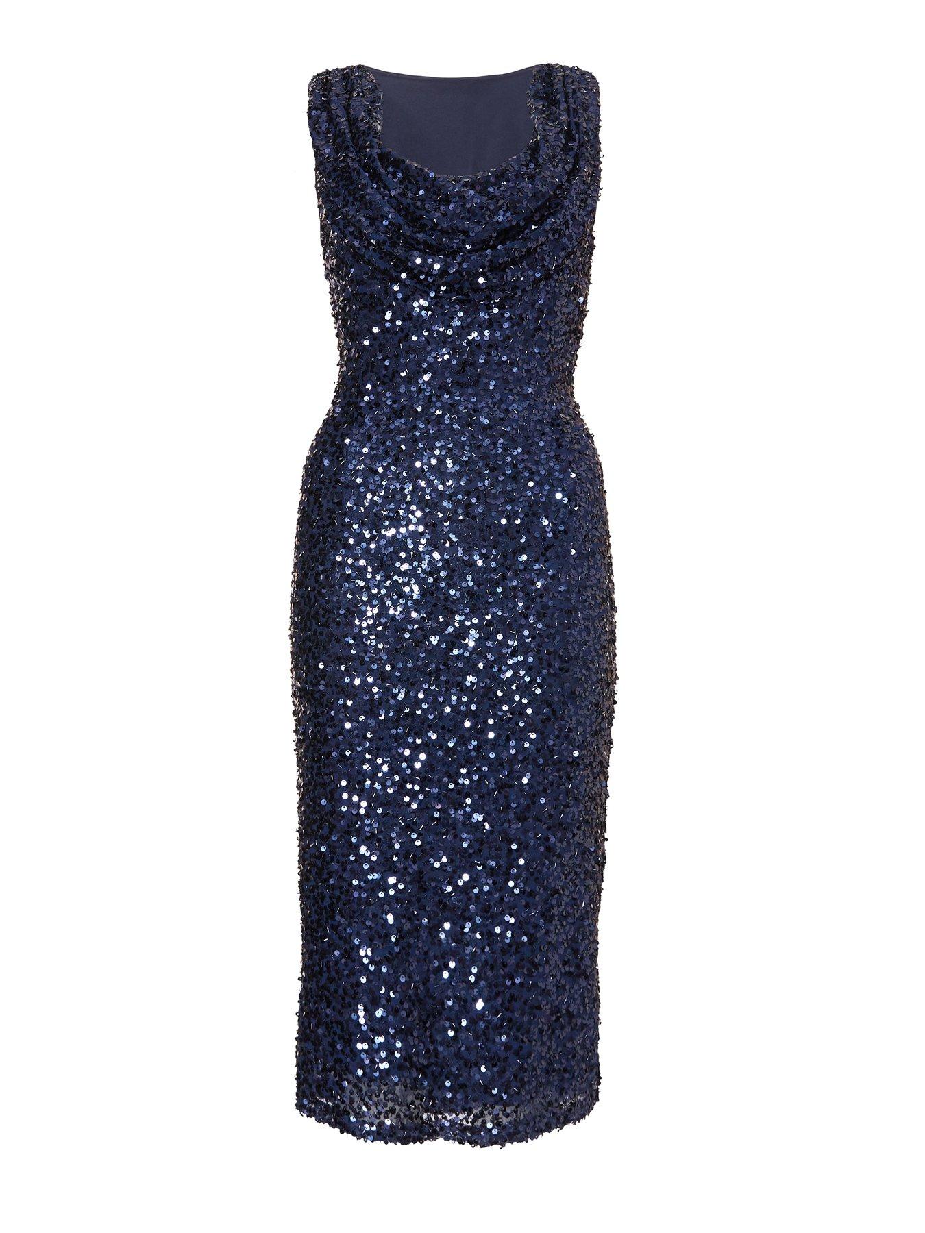 Image 4 of 6 of Quiz Navy Sequin Cowl Neck Midi Dress