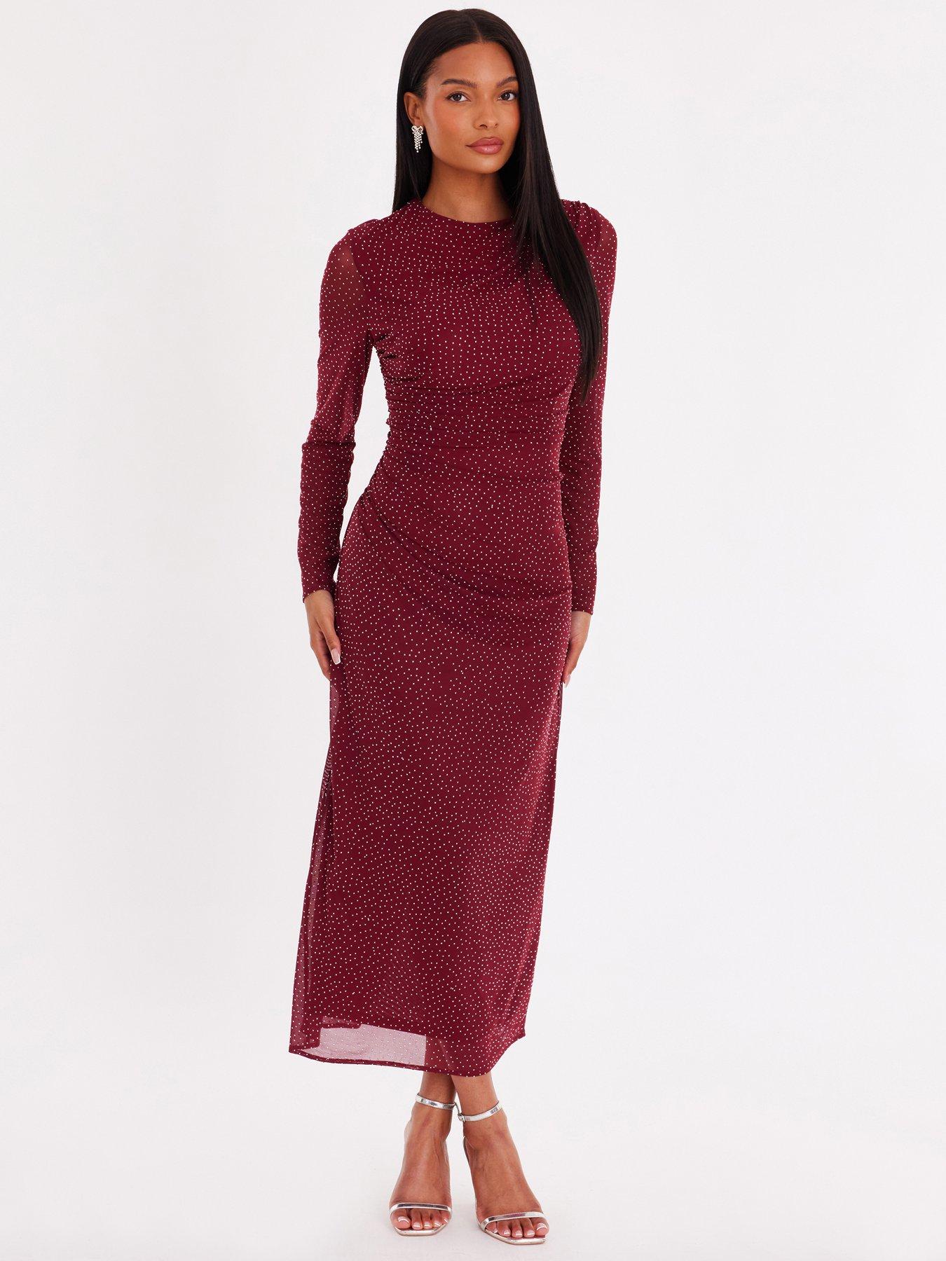 front image of quiz-burgundy-mesh-diamante-midaxi-dress