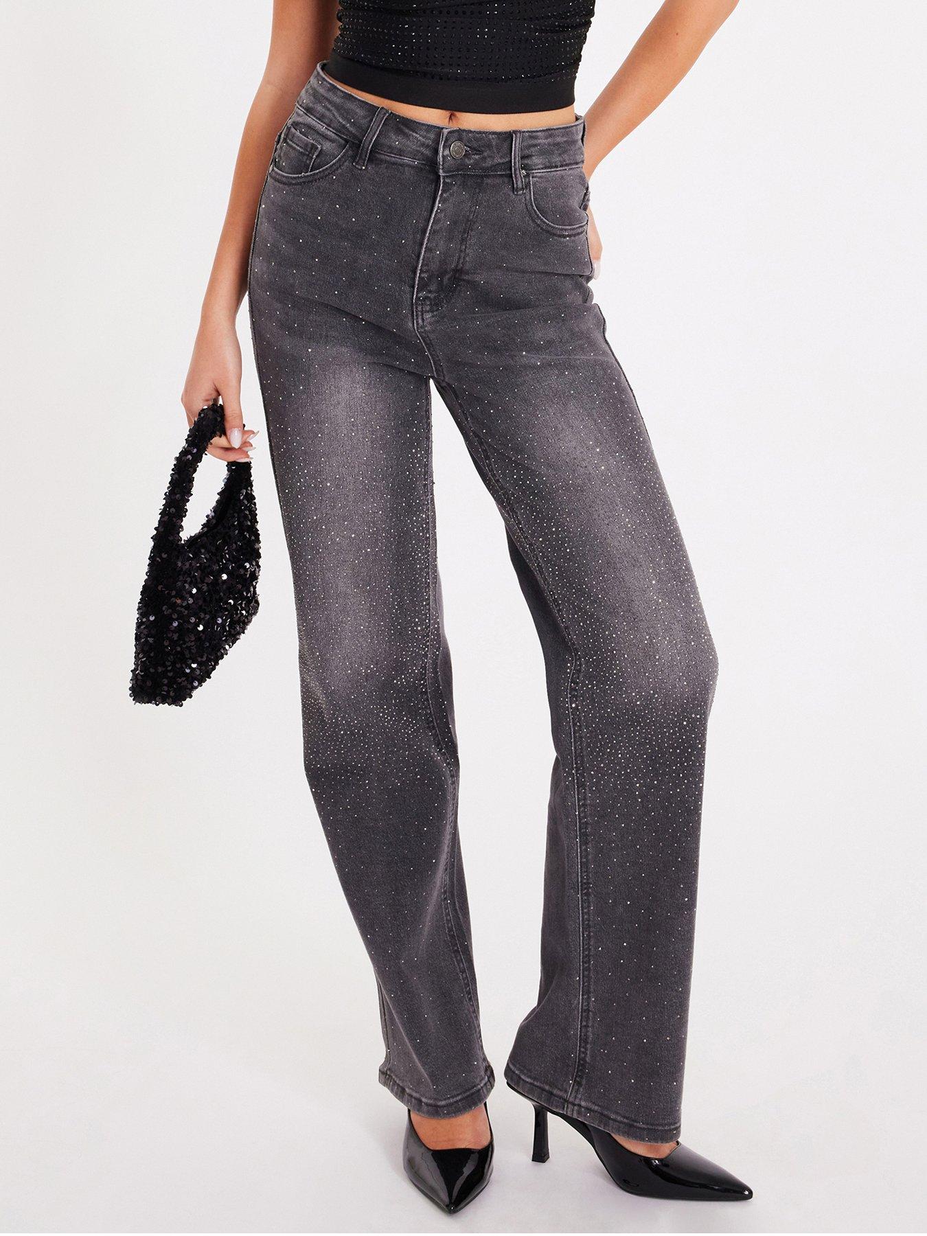 Image 1 of 6 of Quiz Grey Diamante Embellished Jeans