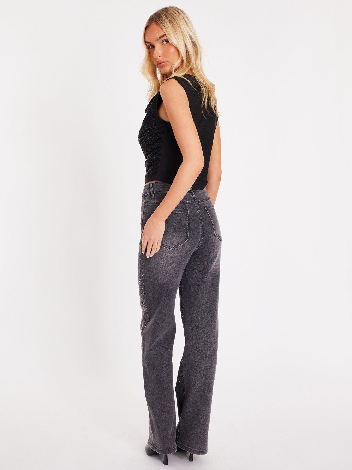 Image 2 of 6 of Quiz Grey Diamante Embellished Jeans