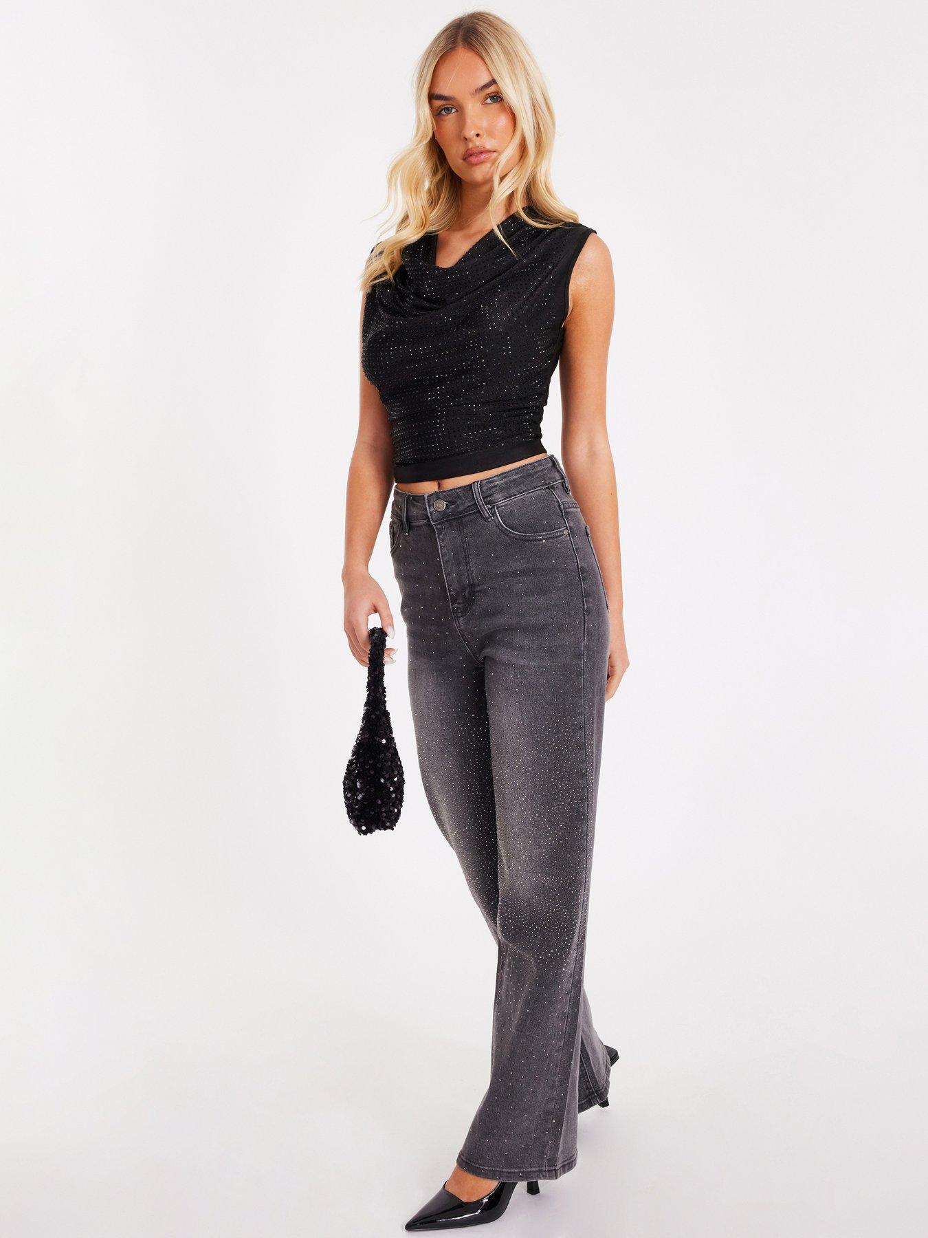 Image 3 of 6 of Quiz Grey Diamante Embellished Jeans