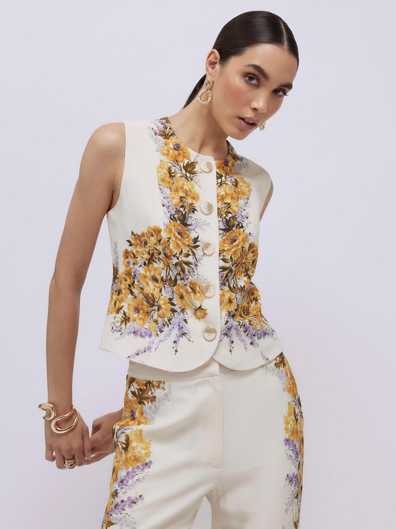 River Island Floral Border Print Fitted Waistcoat - Cream