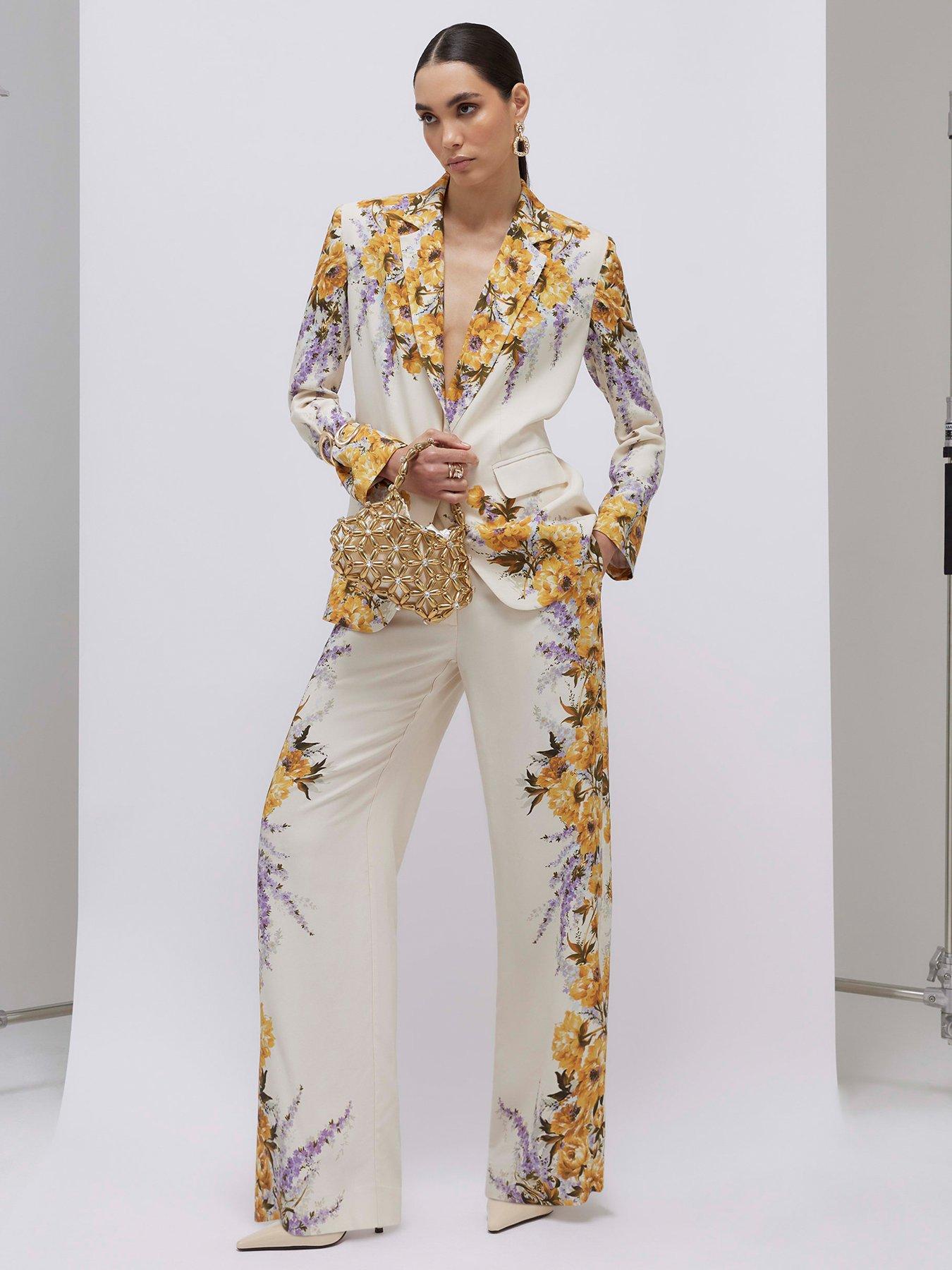 front image of river-island-floral-flare-trouser-cream