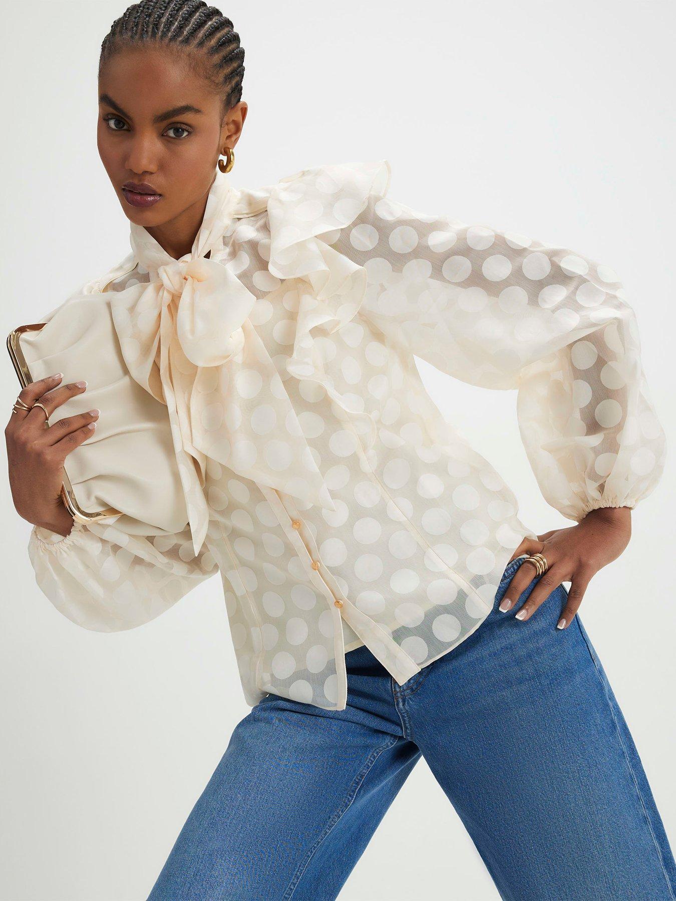 River Island Pussybow Spot Blouse - Cream