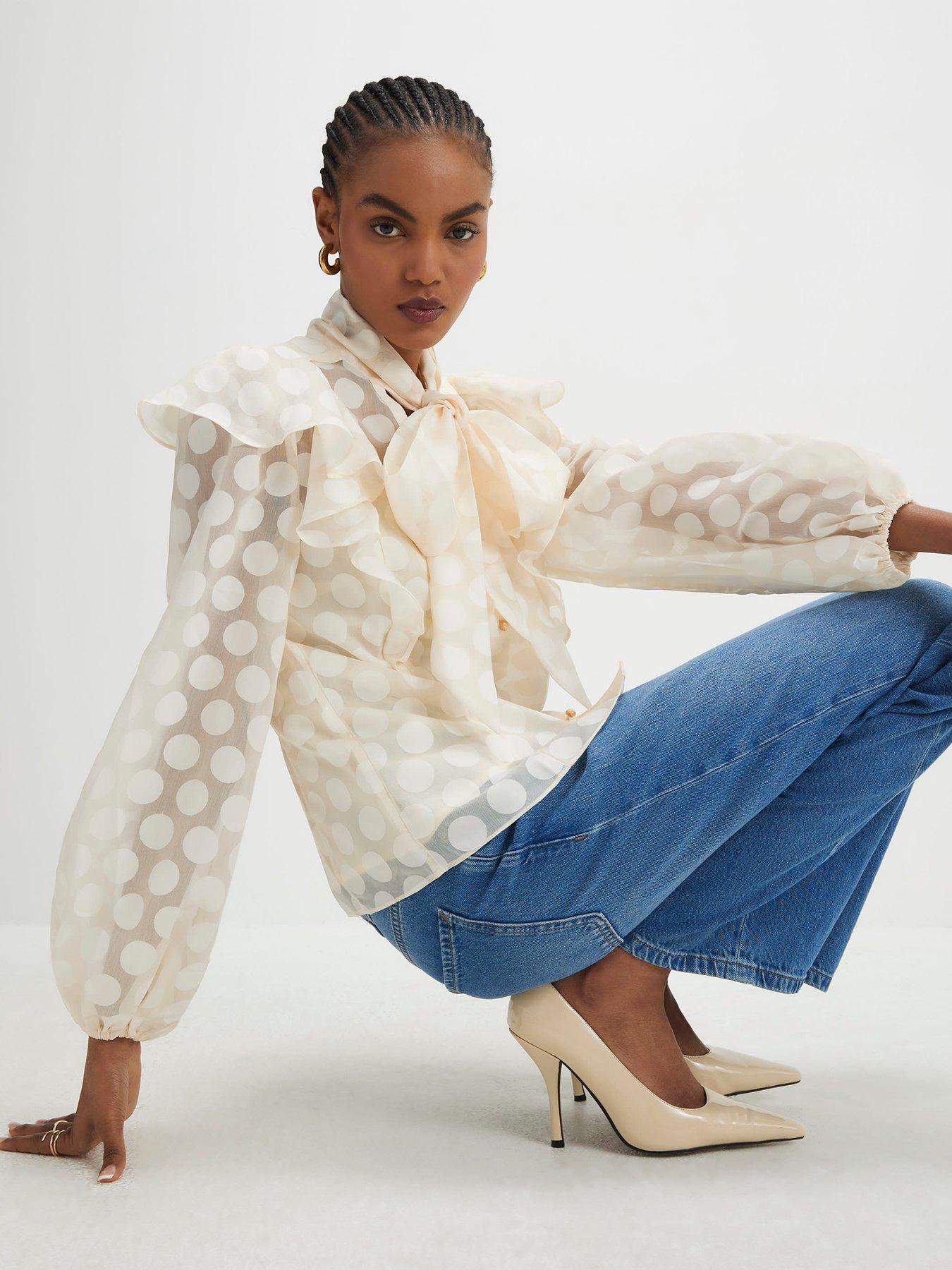Image 4 of 4 of River Island Pussybow Spot Blouse - Cream