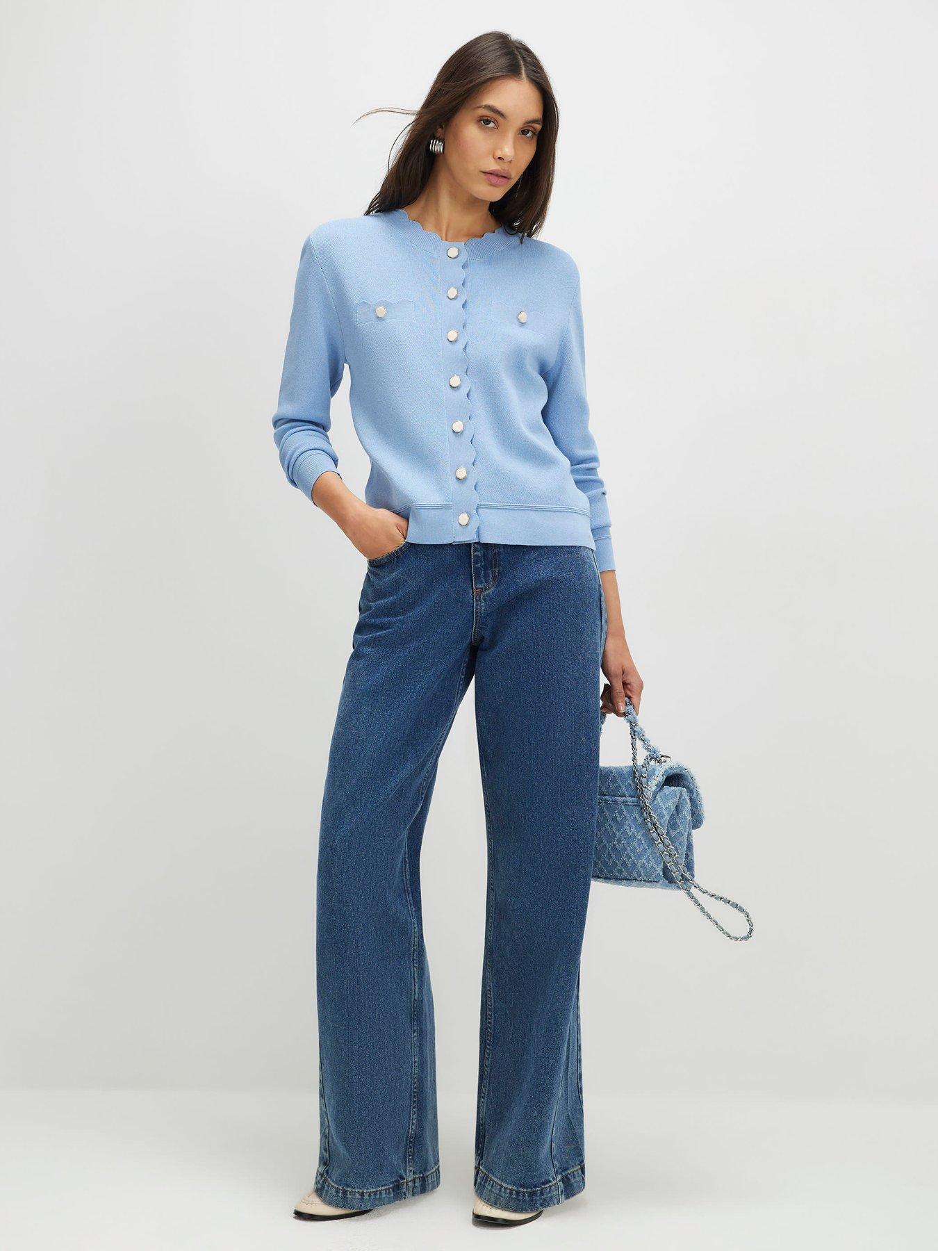  image of river-island-knit-fitted-scallop-trim-cardigan-blue