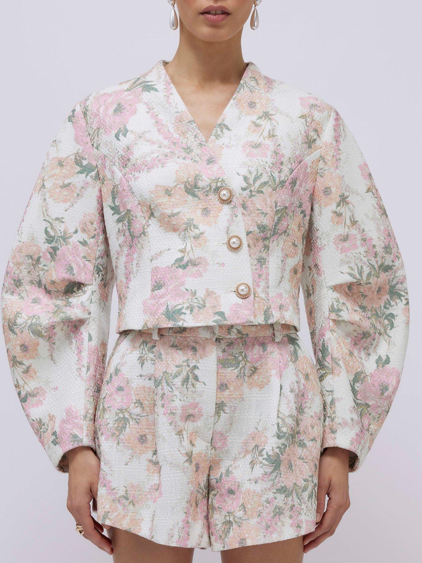 River Island Long Sleeve Floral Cocoon Sleeve Boucle Jacket - Pink