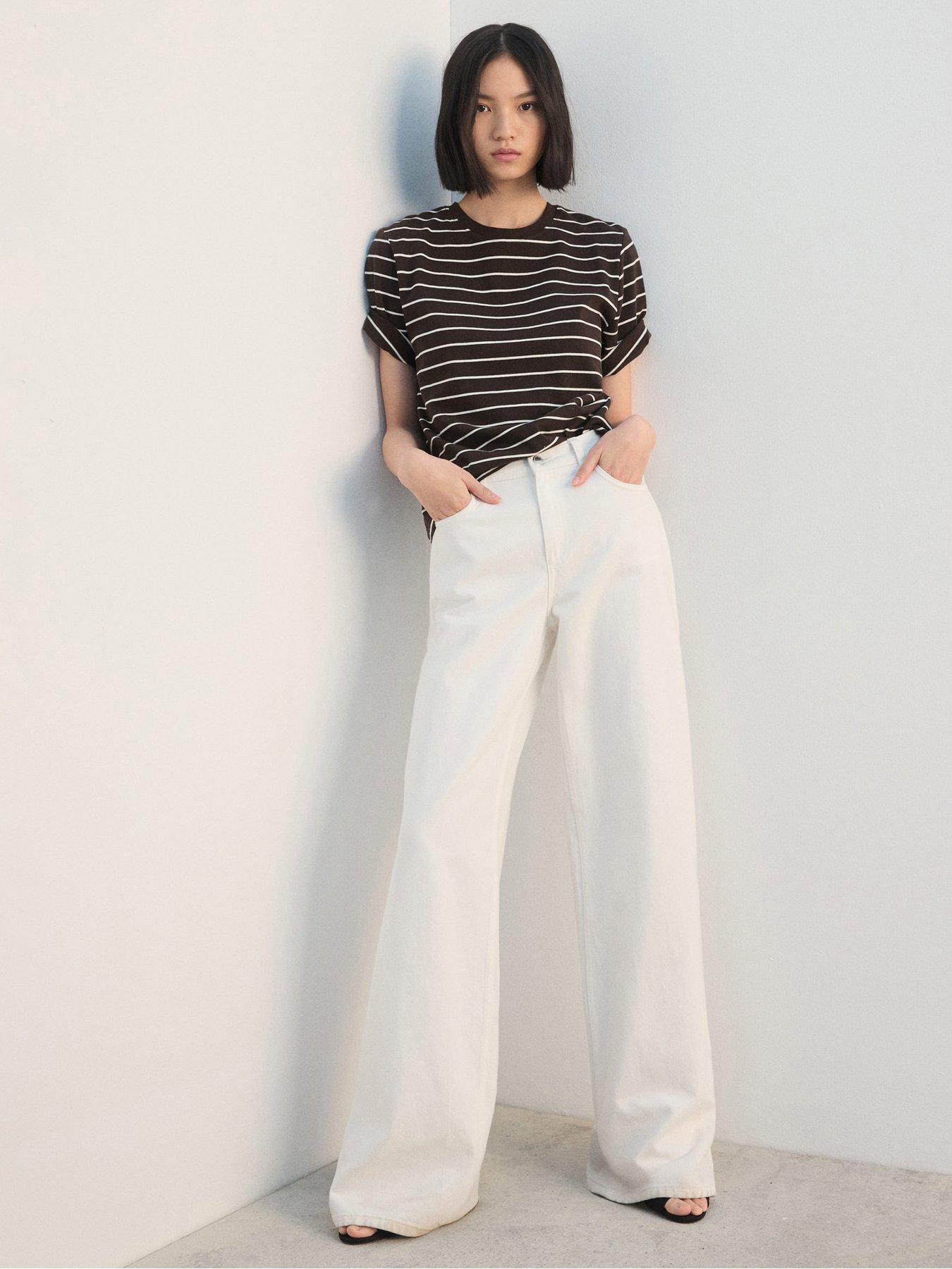  image of mango-striped-cotton-t-shirt-brown