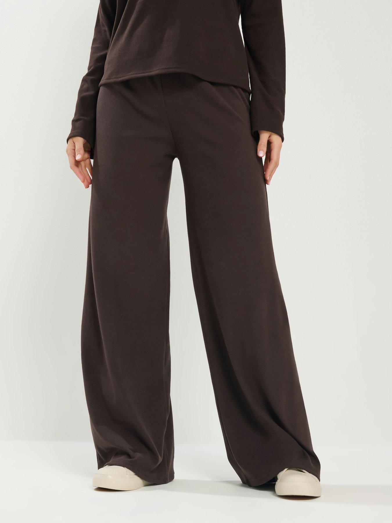 Image 1 of 5 of Long Tall Sally Brushed Rib Wide Leg Trousers - Brown