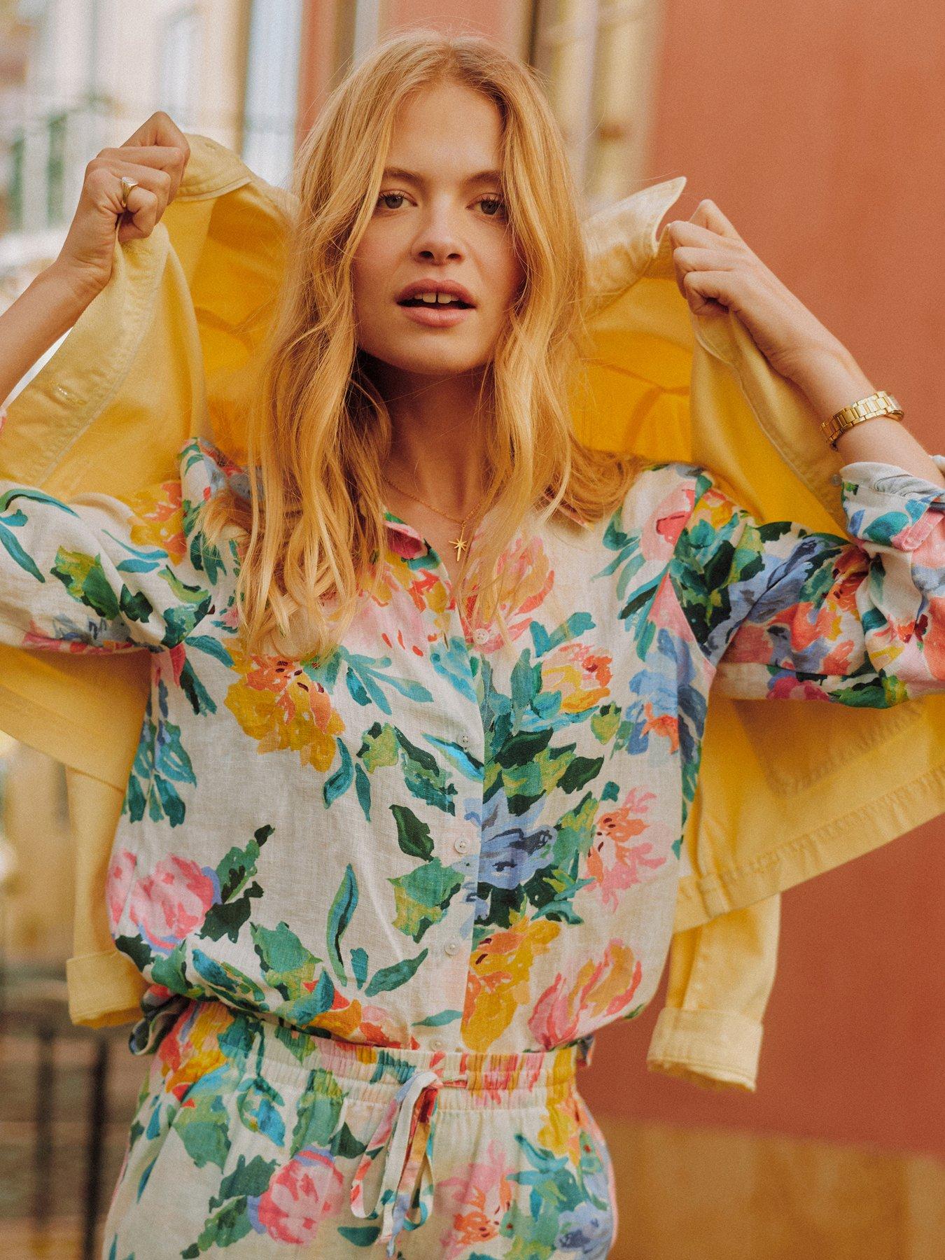 Joules Anna Artist Floral Long Sleeve Pure Linen Shirt - White/Multi