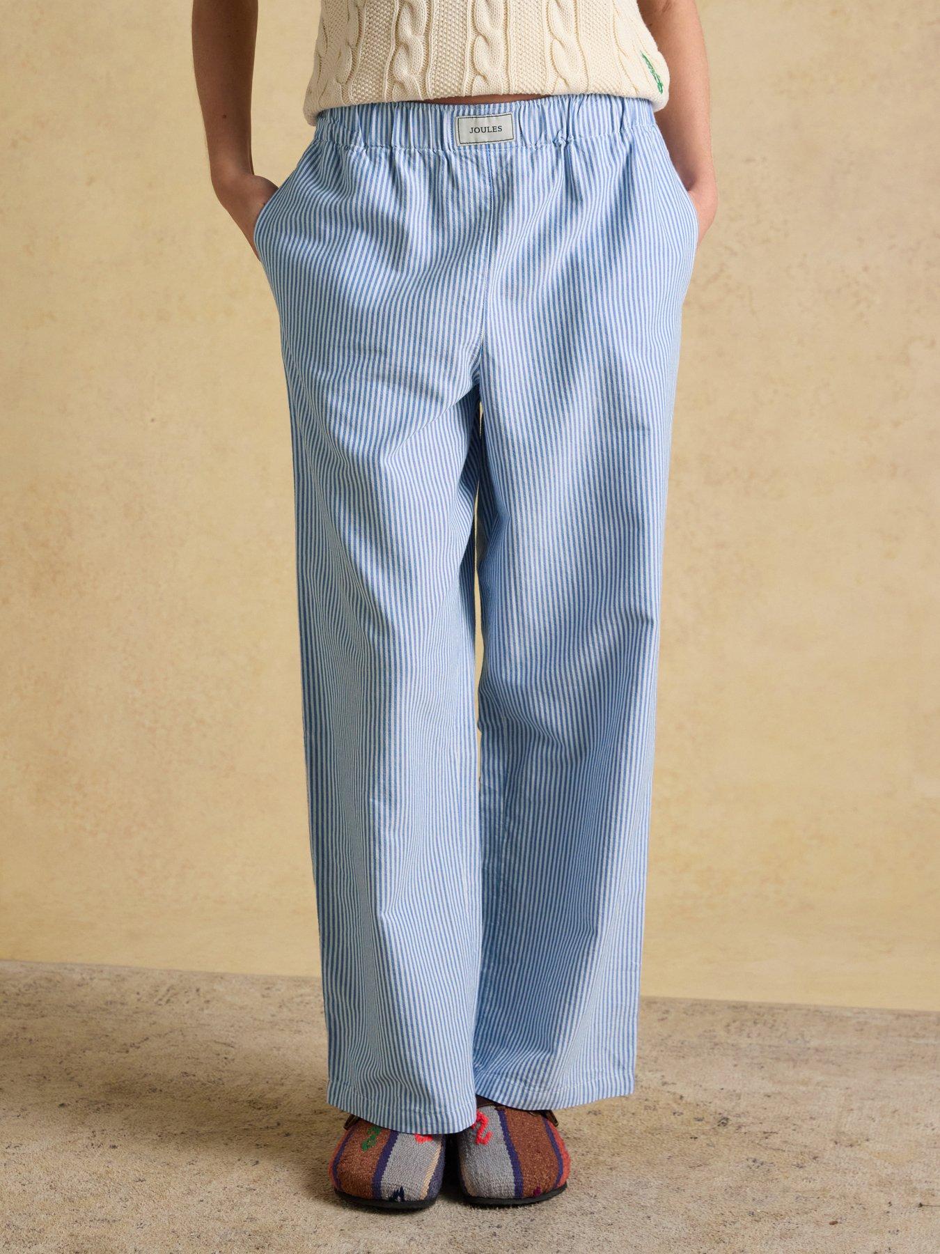 Joules Hallie Stripe Relaxed Wide Fit Cotton Trousers - Blue