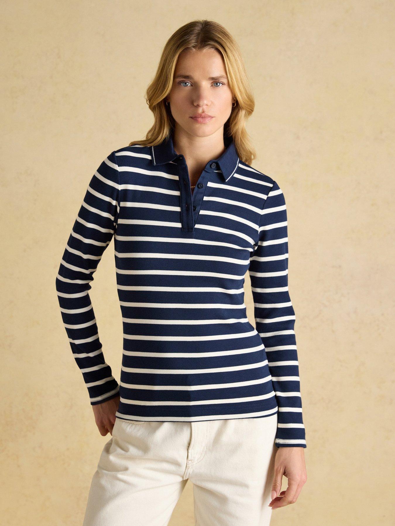 Joules Ribbed Long Sleeve Stripe Polo Top - Navy/Cream