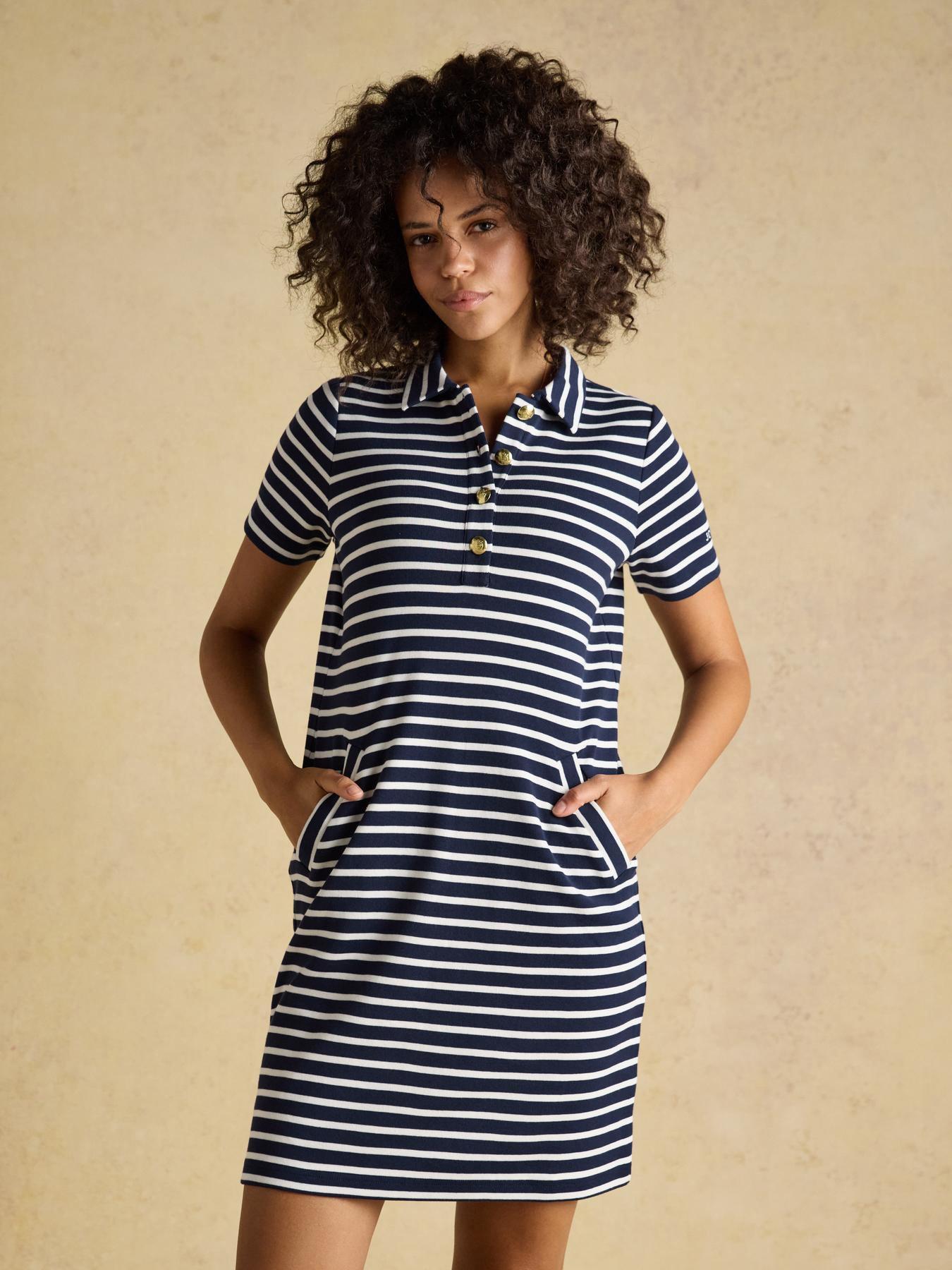 Joules Jane Striped Button Collared Knee Length Dress - Navy