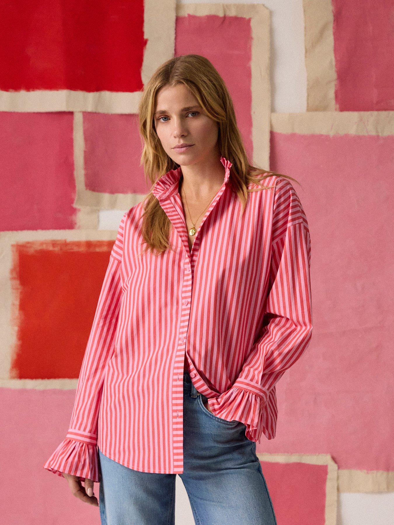 Joules Mae Relaxed Fit Frill Neck Stripe Shirt - Pink
