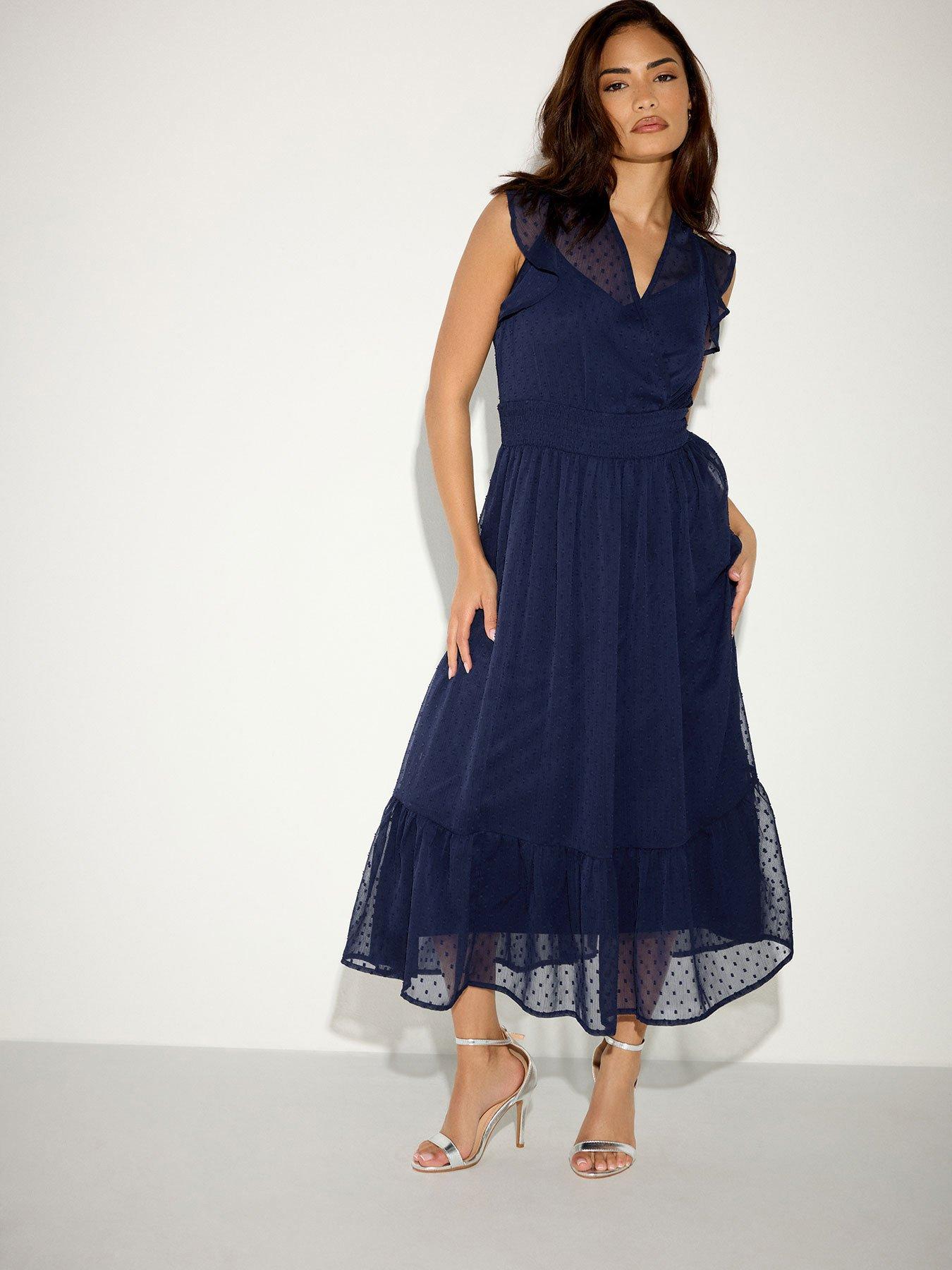 Image 1 of 6 of PixieGirl Petite Dobby Boho Midi Dress - Blue