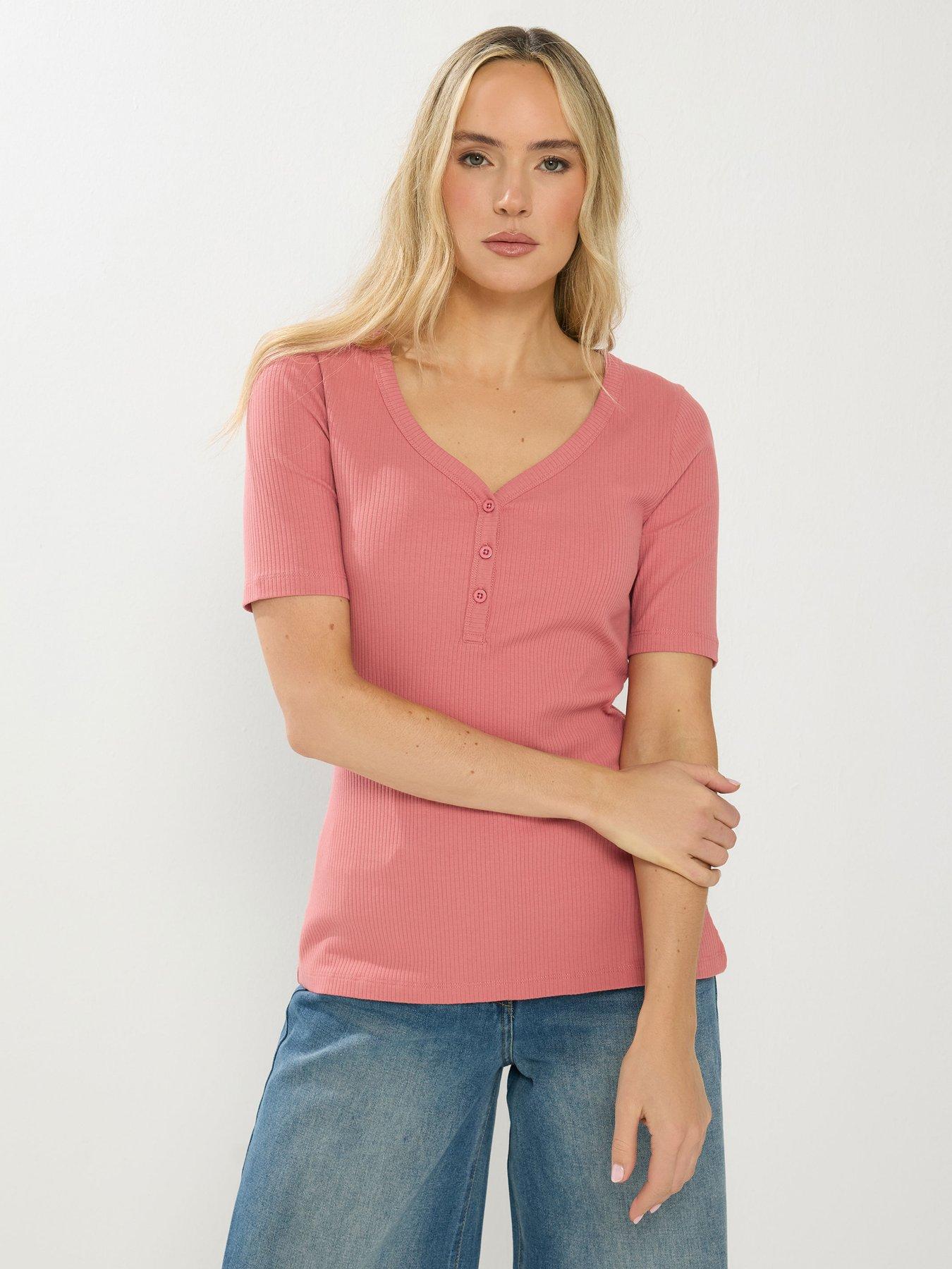 Long Tall Sally Short Sleeve Rib Henley T-Shirt - Pink