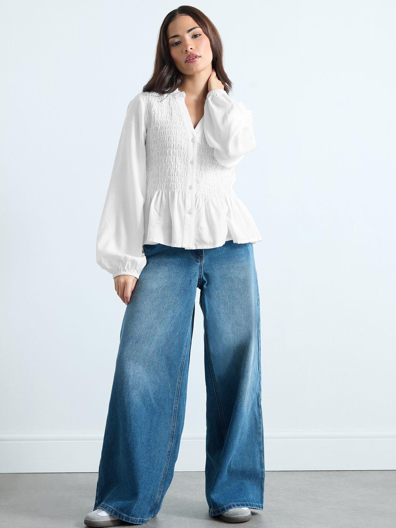 Image 2 of 3 of PixieGirl Petite Shirred Long Sleeve Shirt - White