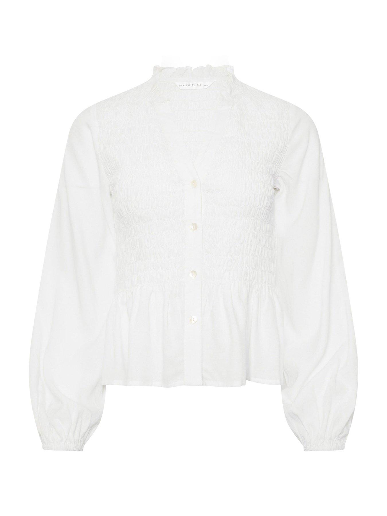 Image 3 of 3 of PixieGirl Petite Shirred Long Sleeve Shirt - White
