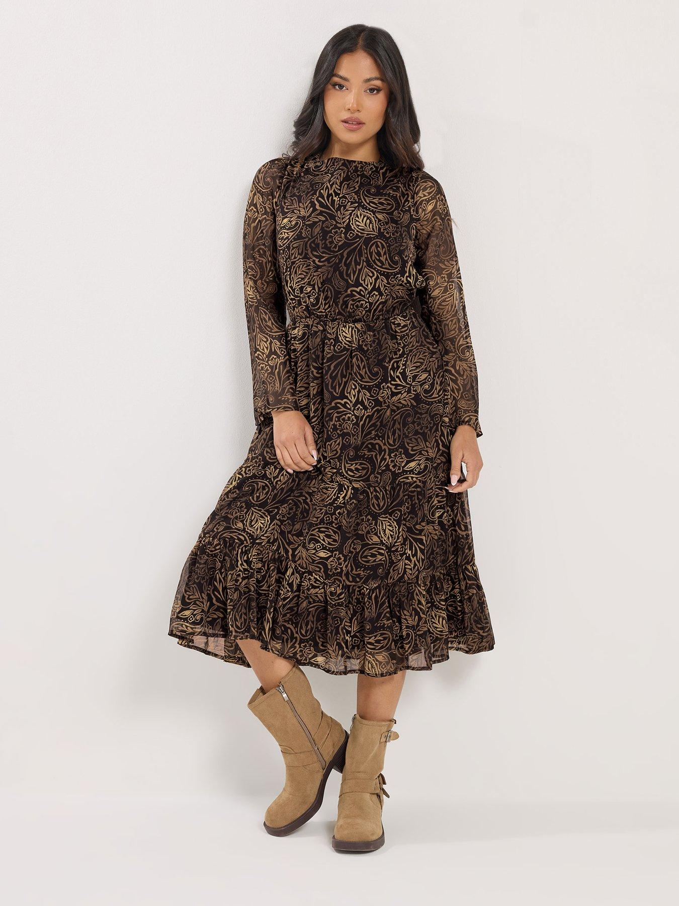 front image of pixiegirl-petite-leaf-print-midi-dress