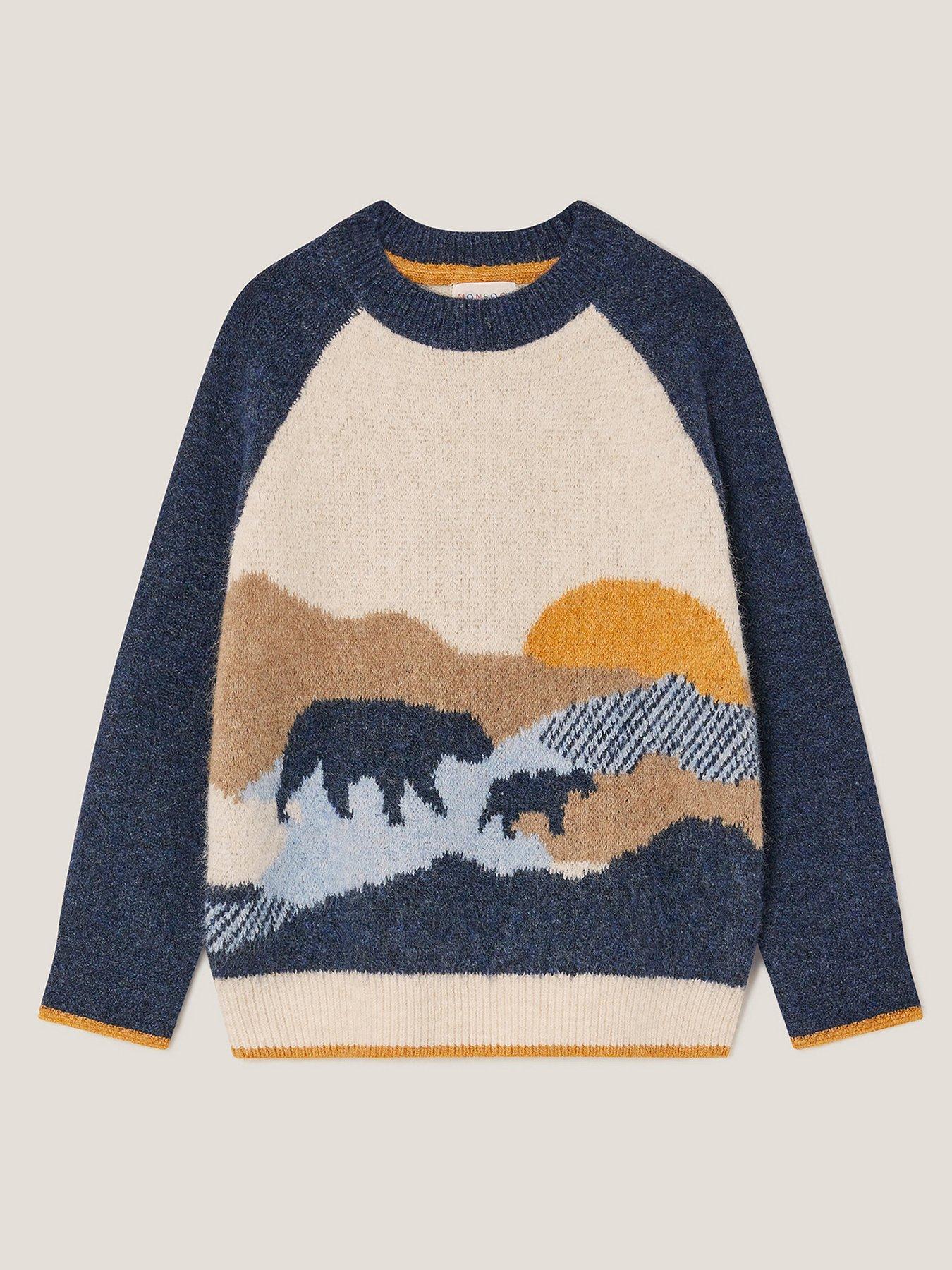 Monsoon Boys Bear Scenic Knitted Jumper - Beige