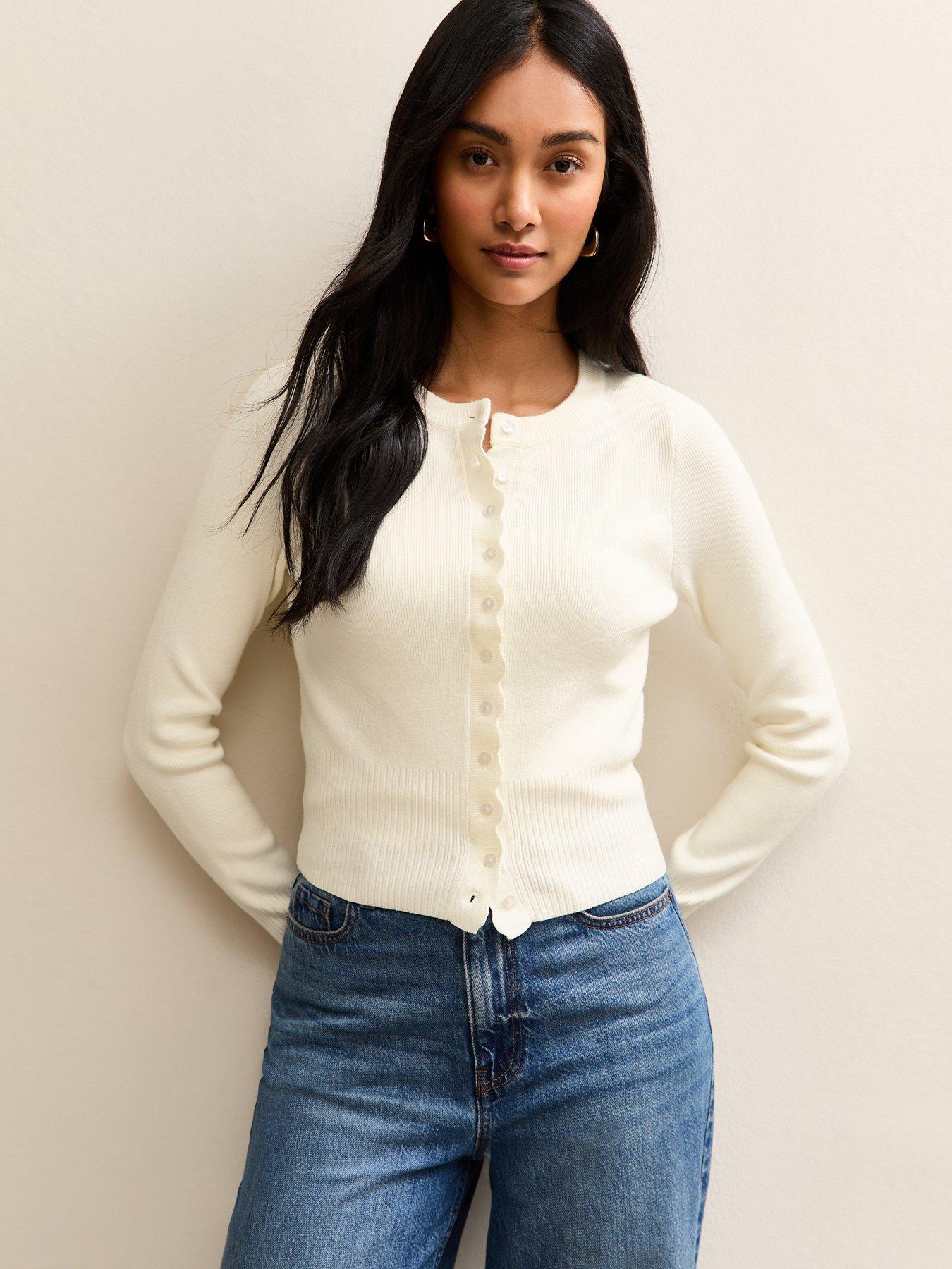 New Look Scalloped Trim Compact Knit Cardigan - Cream