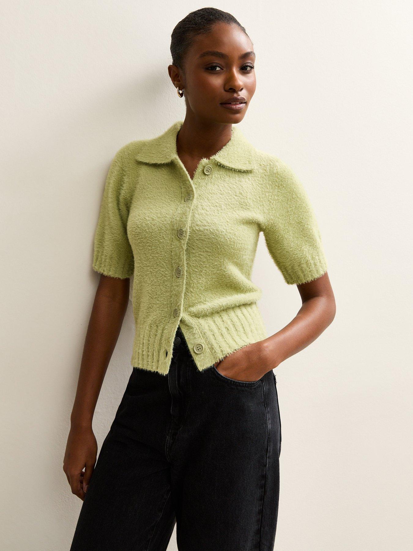 New Look Knitted Short Sleeve Collared Cardigan - Light Green