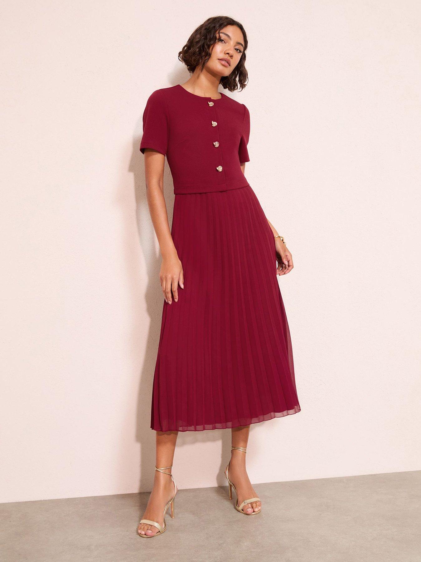 Friends Like These Button Through 2 In 1 Pleat Midi Dress - Red