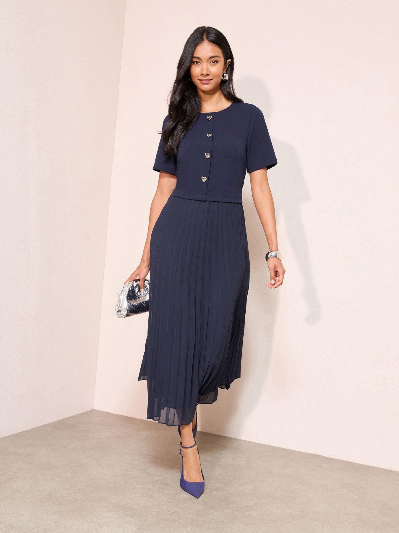 Friends Like These Button Through 2 In 1 Pleat Midi Dress - Navy