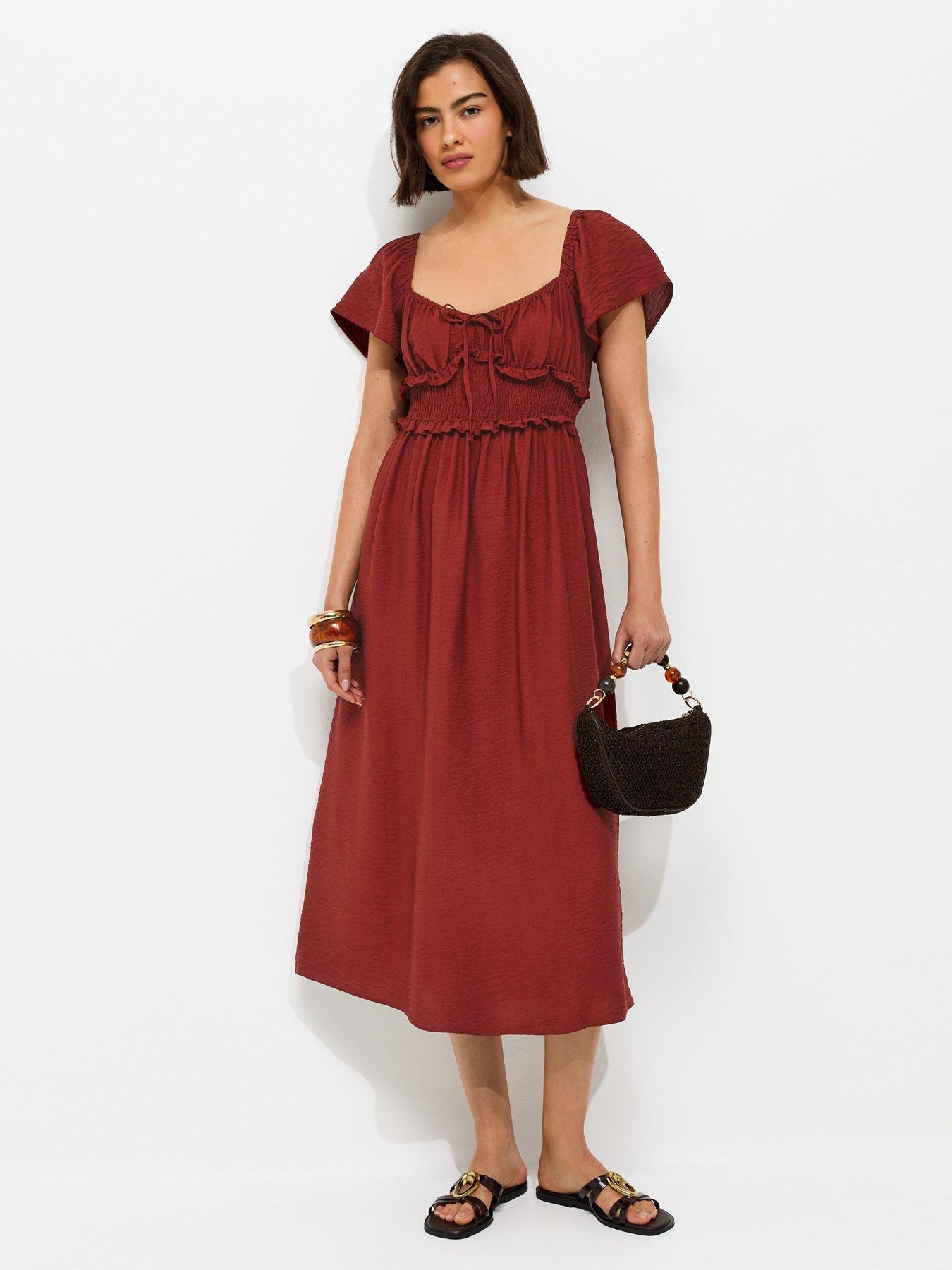 New Look Shirred Sweetheart Neck Ruched Midi Dress - Red