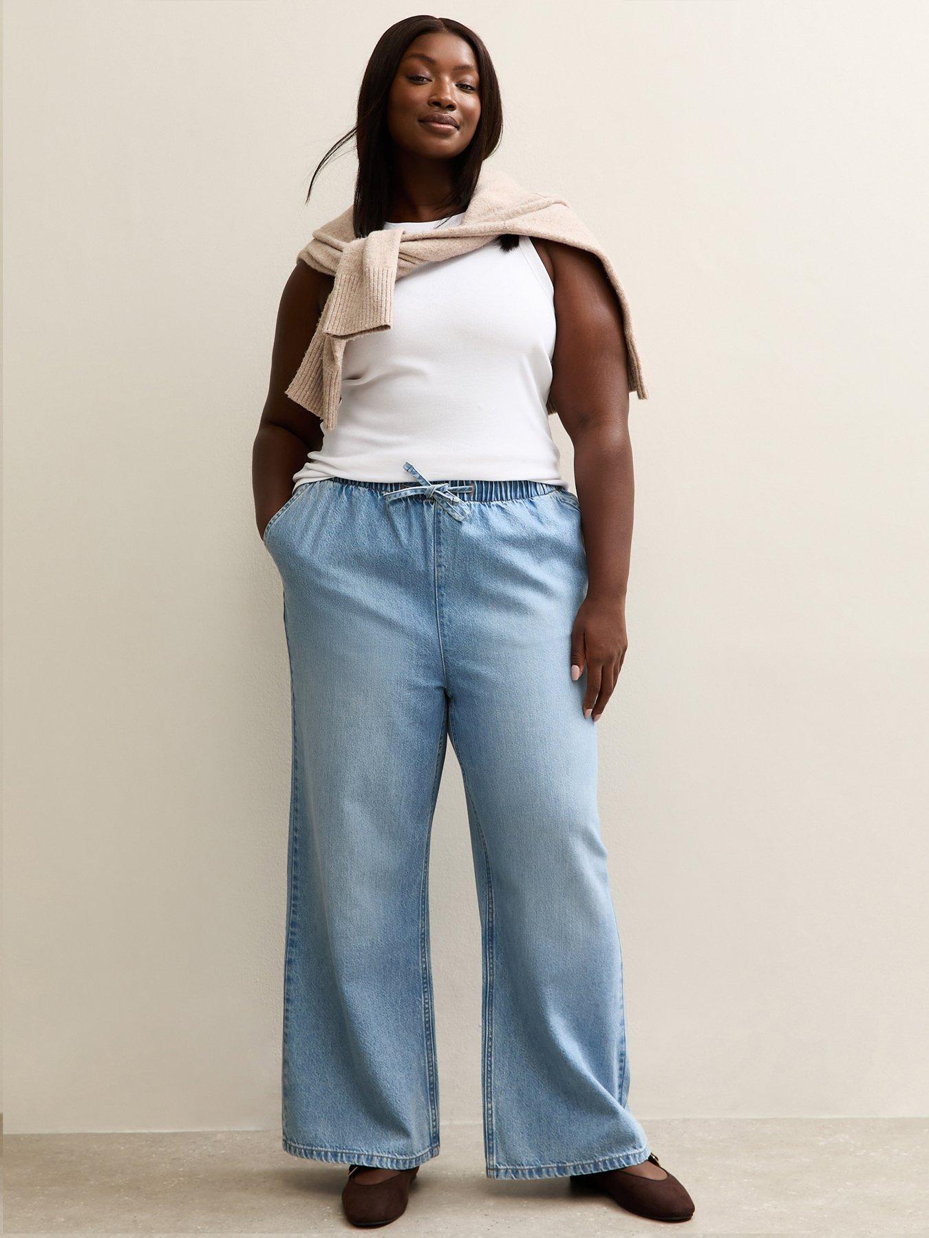 New Look Curves Drawstring Waist Pull On Wide Leg Jeans - Light Blue
