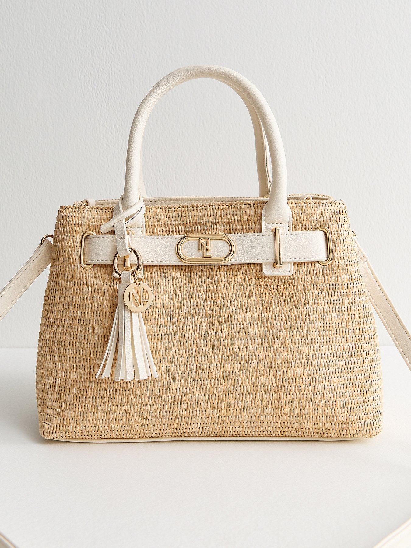 Image 1 of 4 of New Look Stone Raffia Look Triple Compartment Top Handle Bag