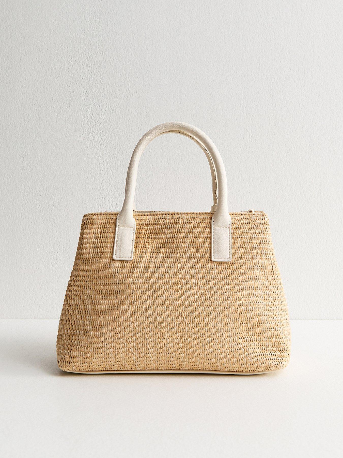 Image 2 of 4 of New Look Stone Raffia Look Triple Compartment Top Handle Bag
