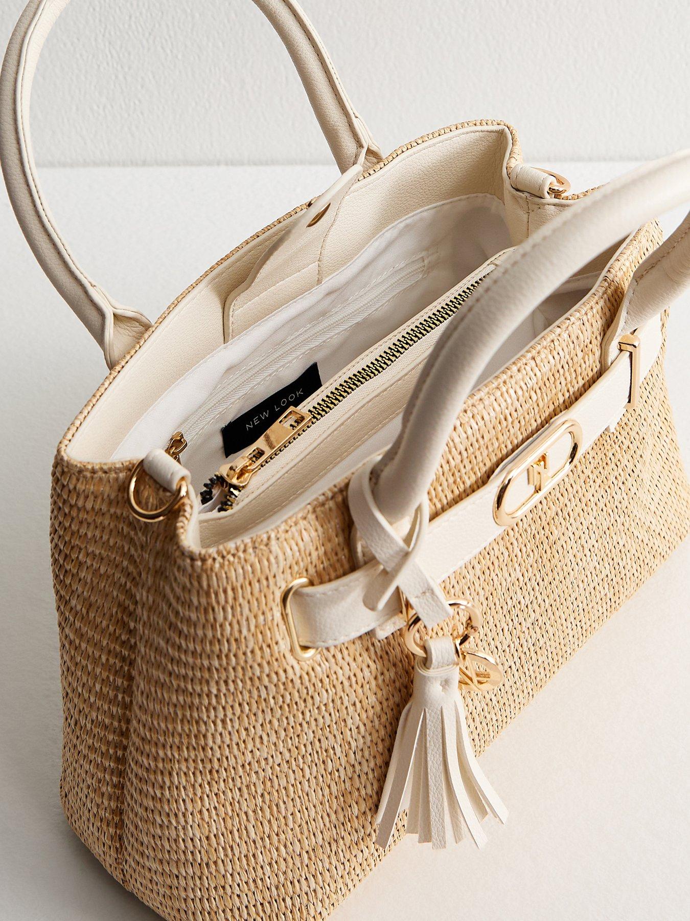 Image 4 of 4 of New Look Stone Raffia Look Triple Compartment Top Handle Bag