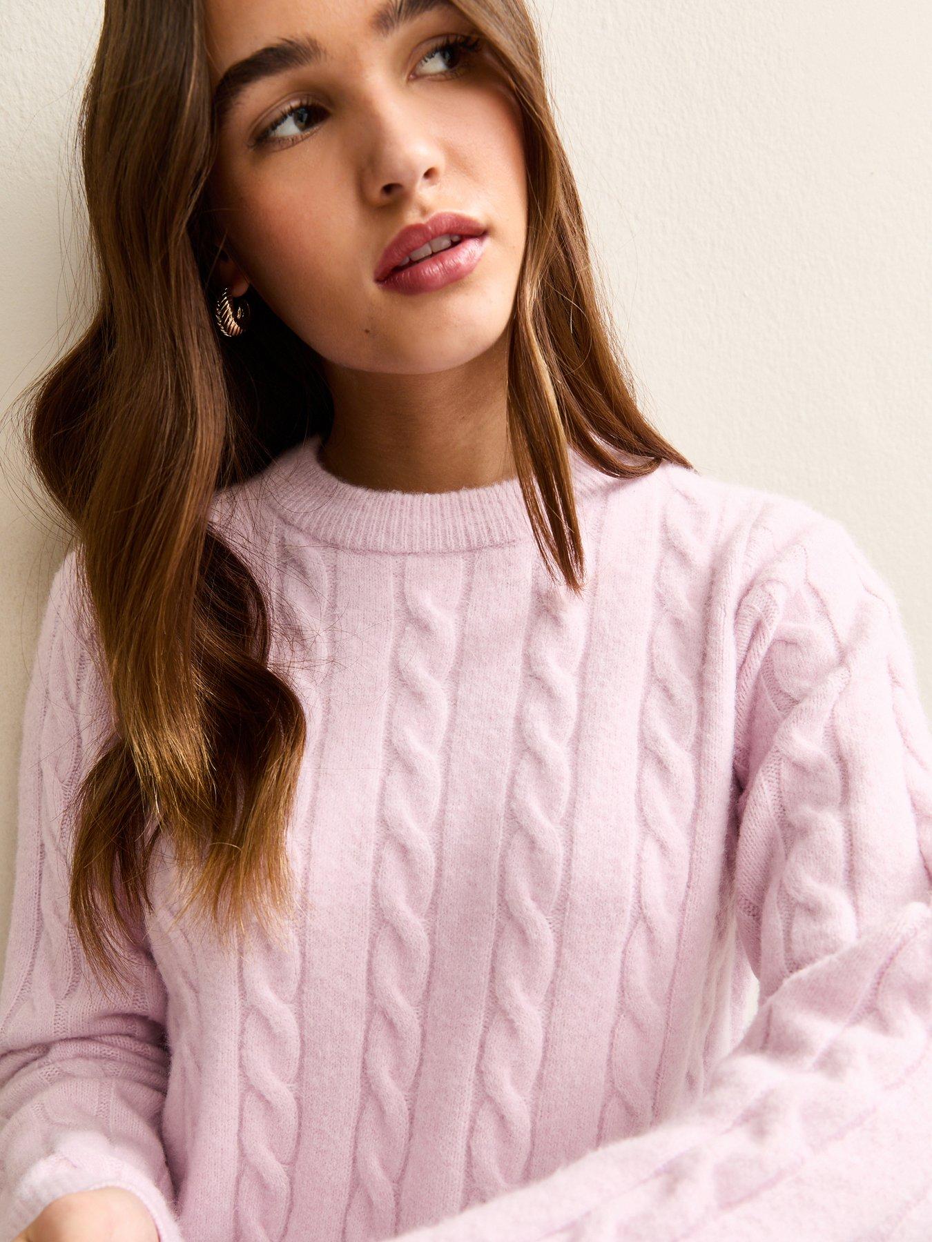  image of new-look-cable-knit-crew-neck-jumper-light-pink