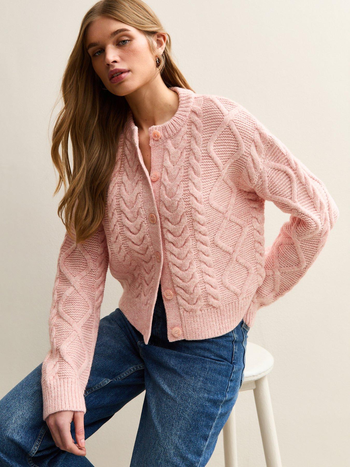 Image 1 of 5 of New Look Cable Knit Cardigan - Pink