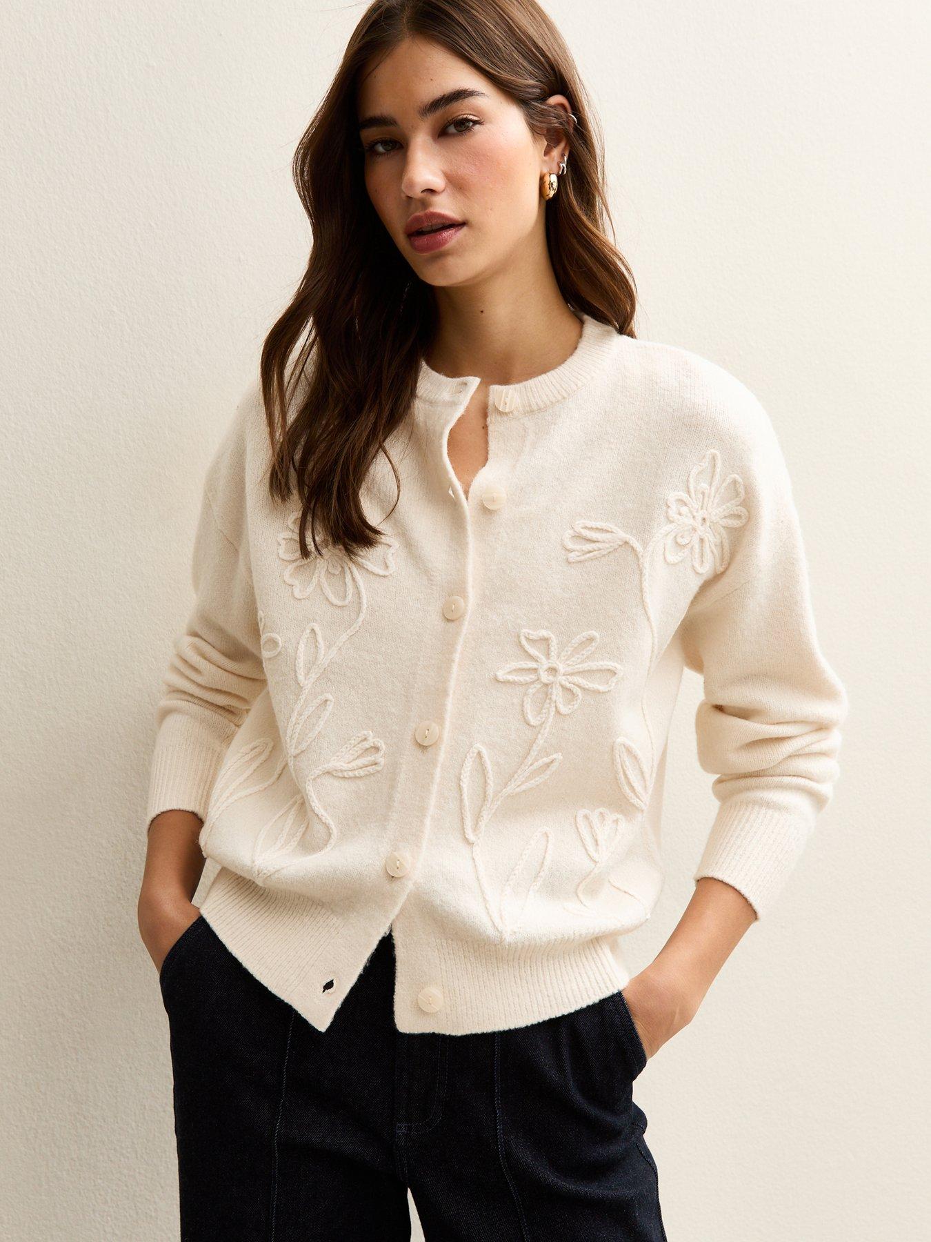 New Look Cream 3d Floral Knitted Cardigan