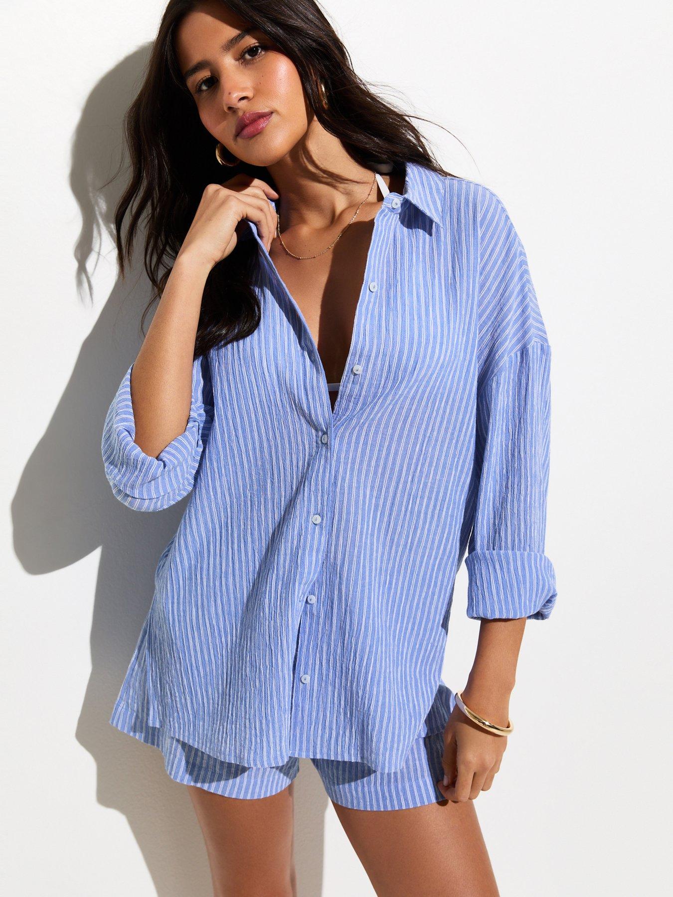 New Look Striped Long Sleeve Beach Shirt - Blue