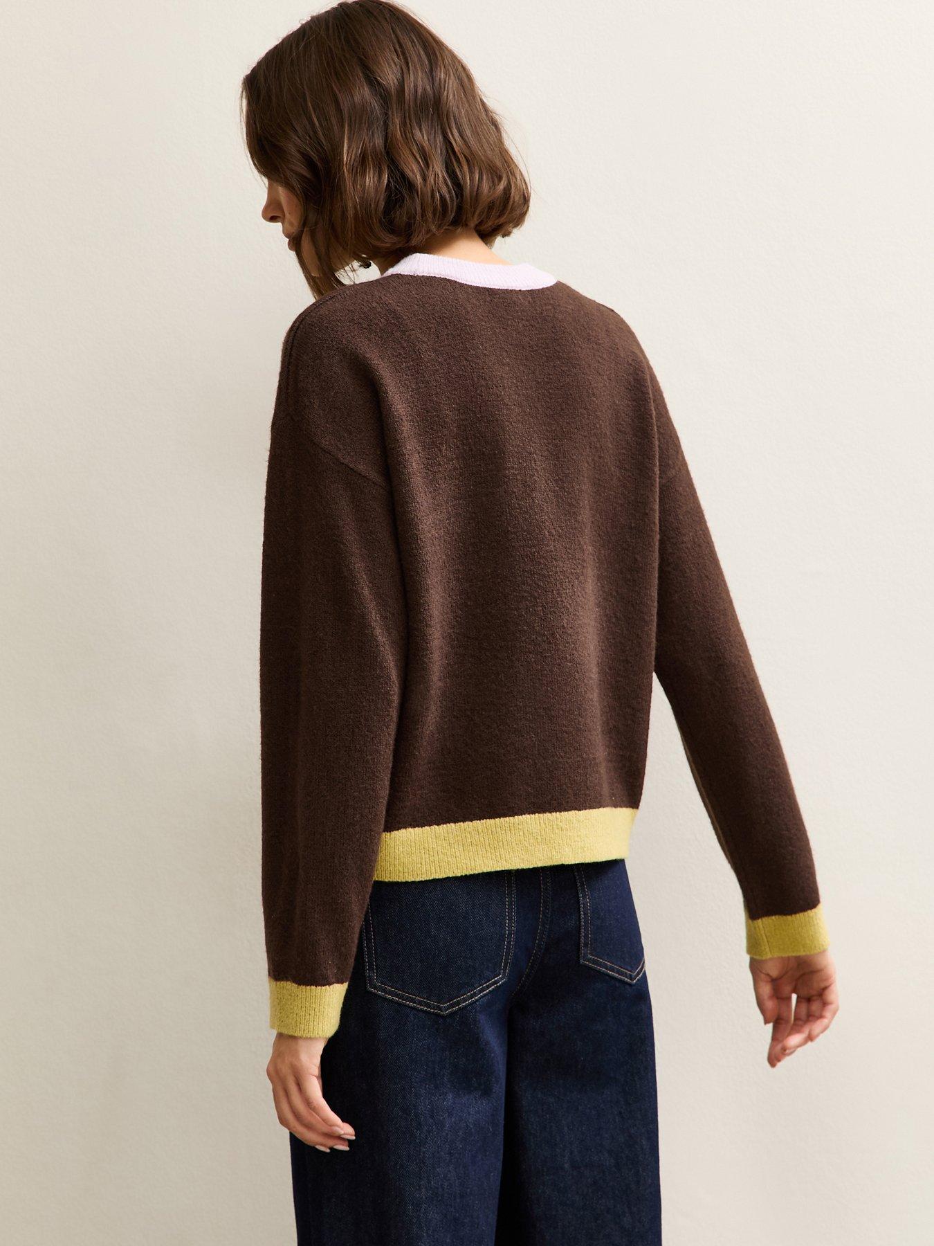 Image 2 of 5 of New Look Contrast Rib Crew Neck Jumper - Brown