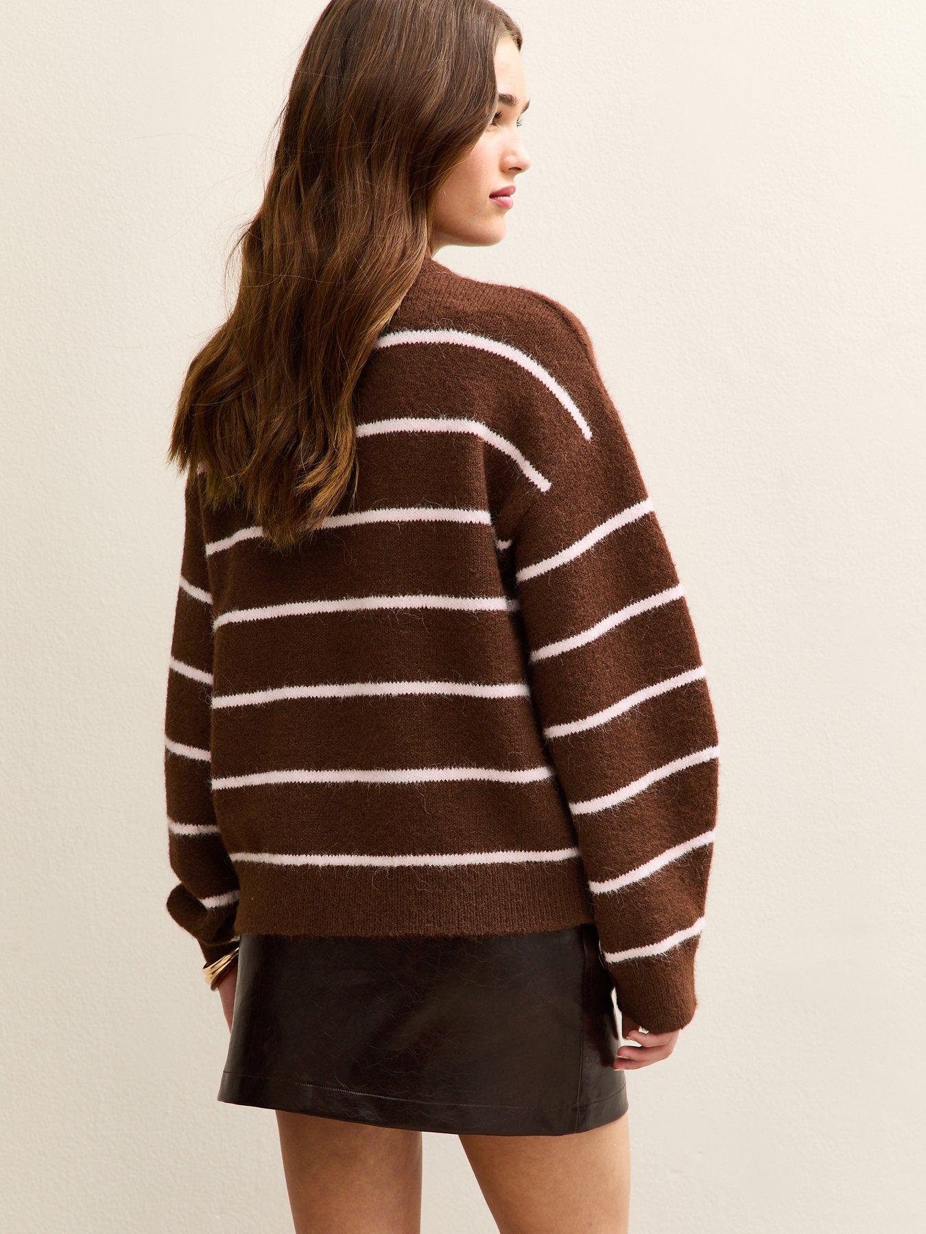  image of new-look-thin-stripe-midweight-knit-jumper-brown