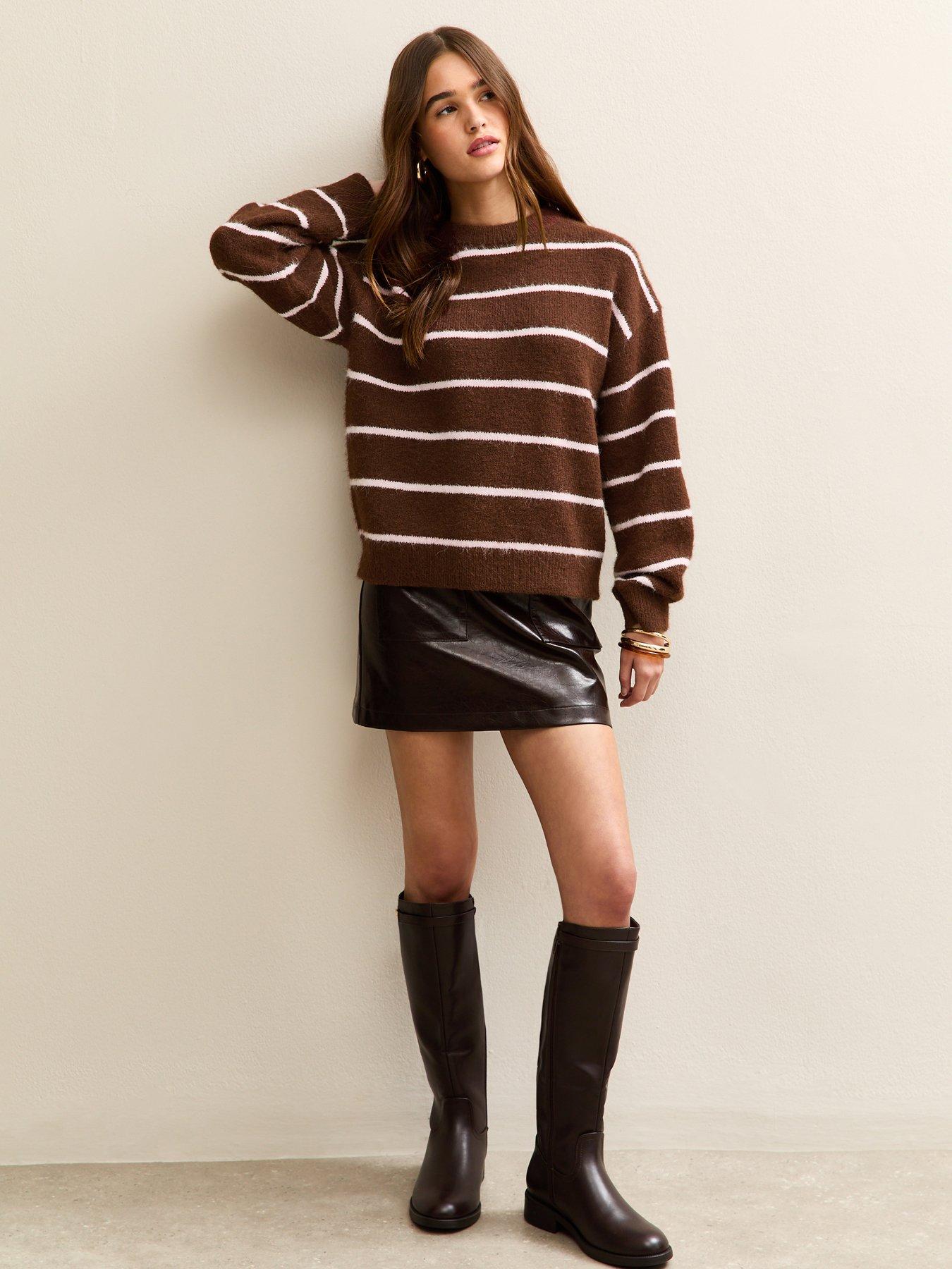  image of new-look-thin-stripe-midweight-knit-jumper-brown