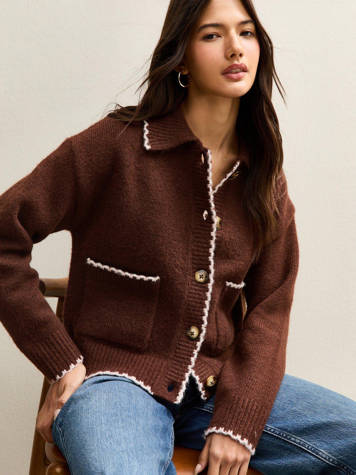 New Look Blanket Stitch Collared Cardigan - Brown