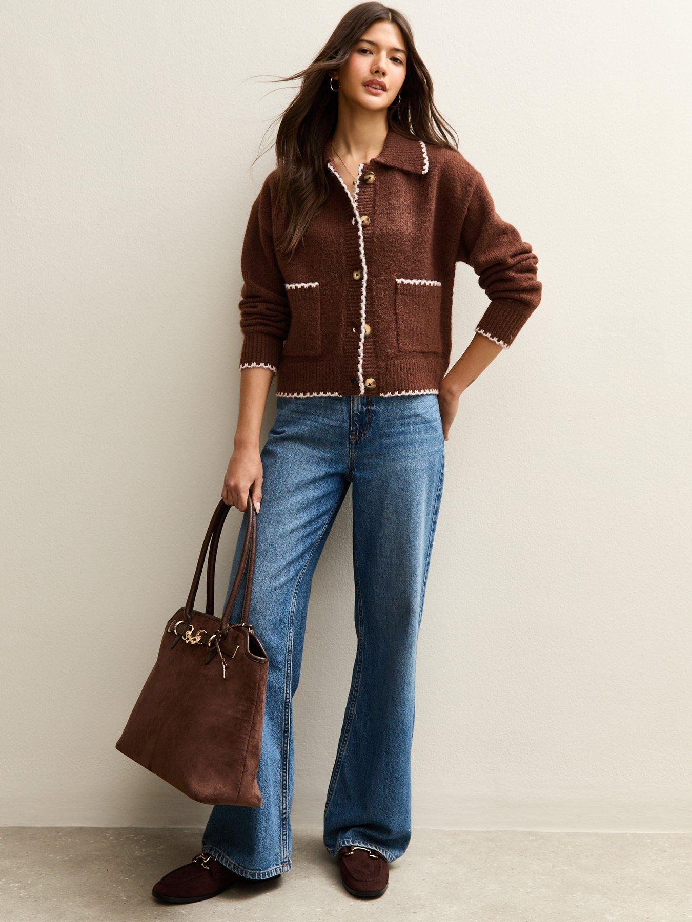 Image 3 of 5 of New Look Blanket Stitch Collared Cardigan - Brown