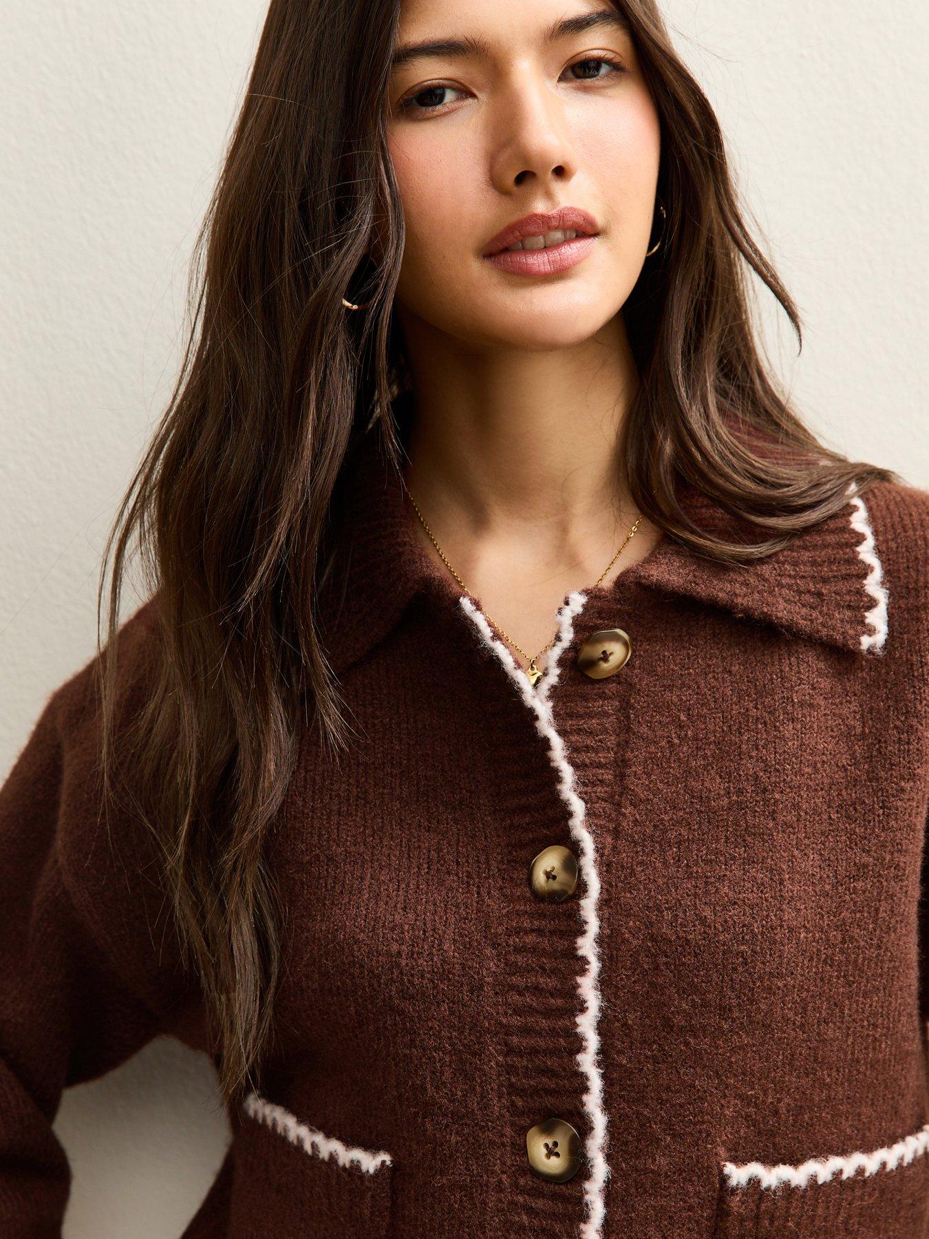 Image 4 of 5 of New Look Blanket Stitch Collared Cardigan - Brown