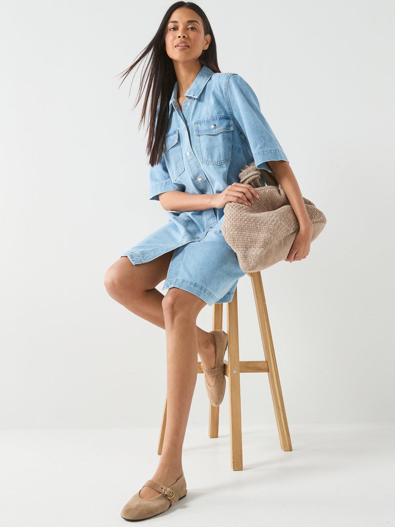 Only Belle Short Sleeve Button Front Denim Dress - Blue